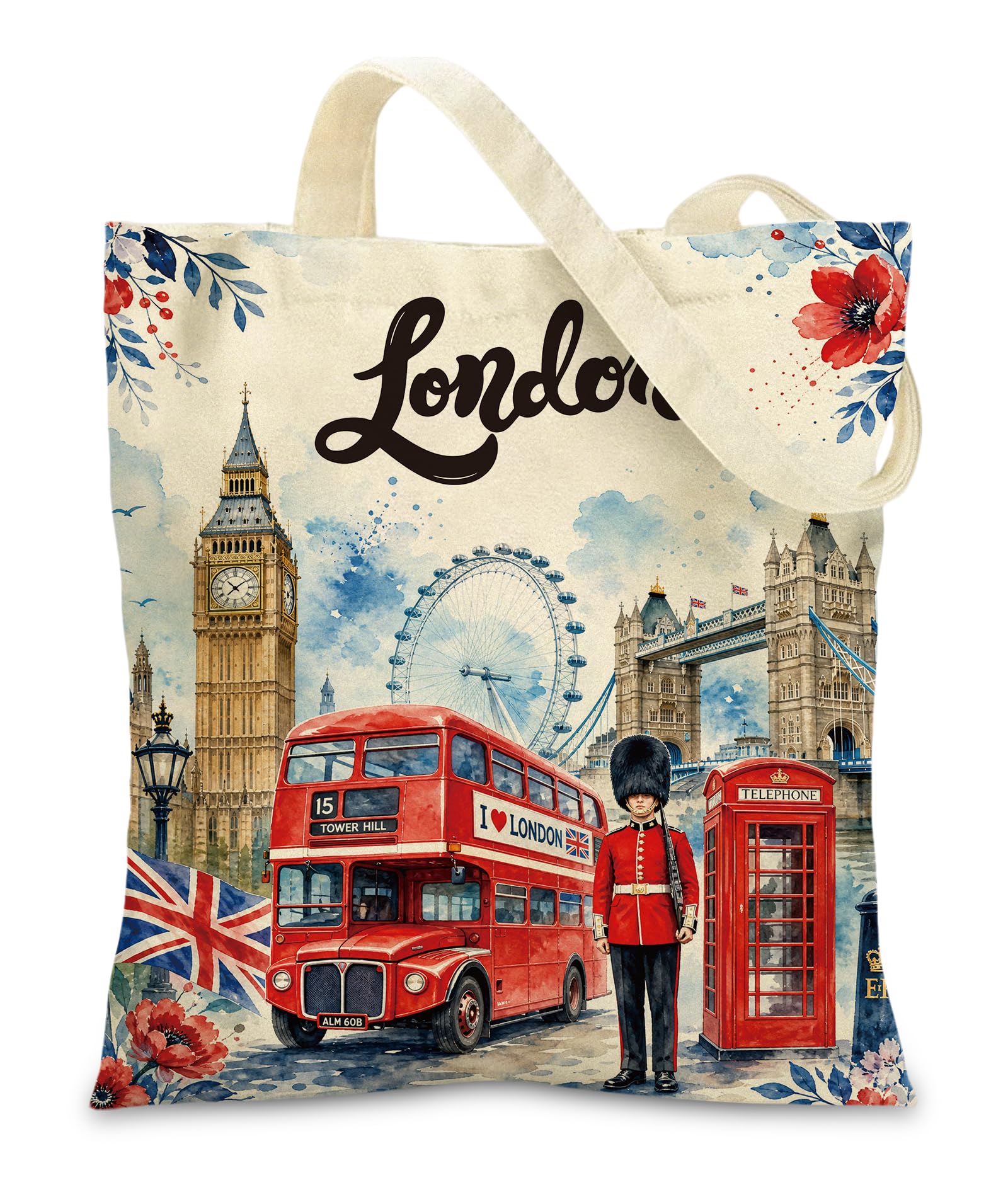 London Canvas Tote Bag for Women - Girls Reusable Shopping Gym Totes