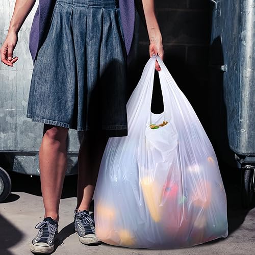 Miniatura 6 de Kisston 400 bolsas de plástico para camisetas de tamaño jumbo con asas, 35 micrófonos, bolsas grandes de plástico liso para comestibles, gruesas y