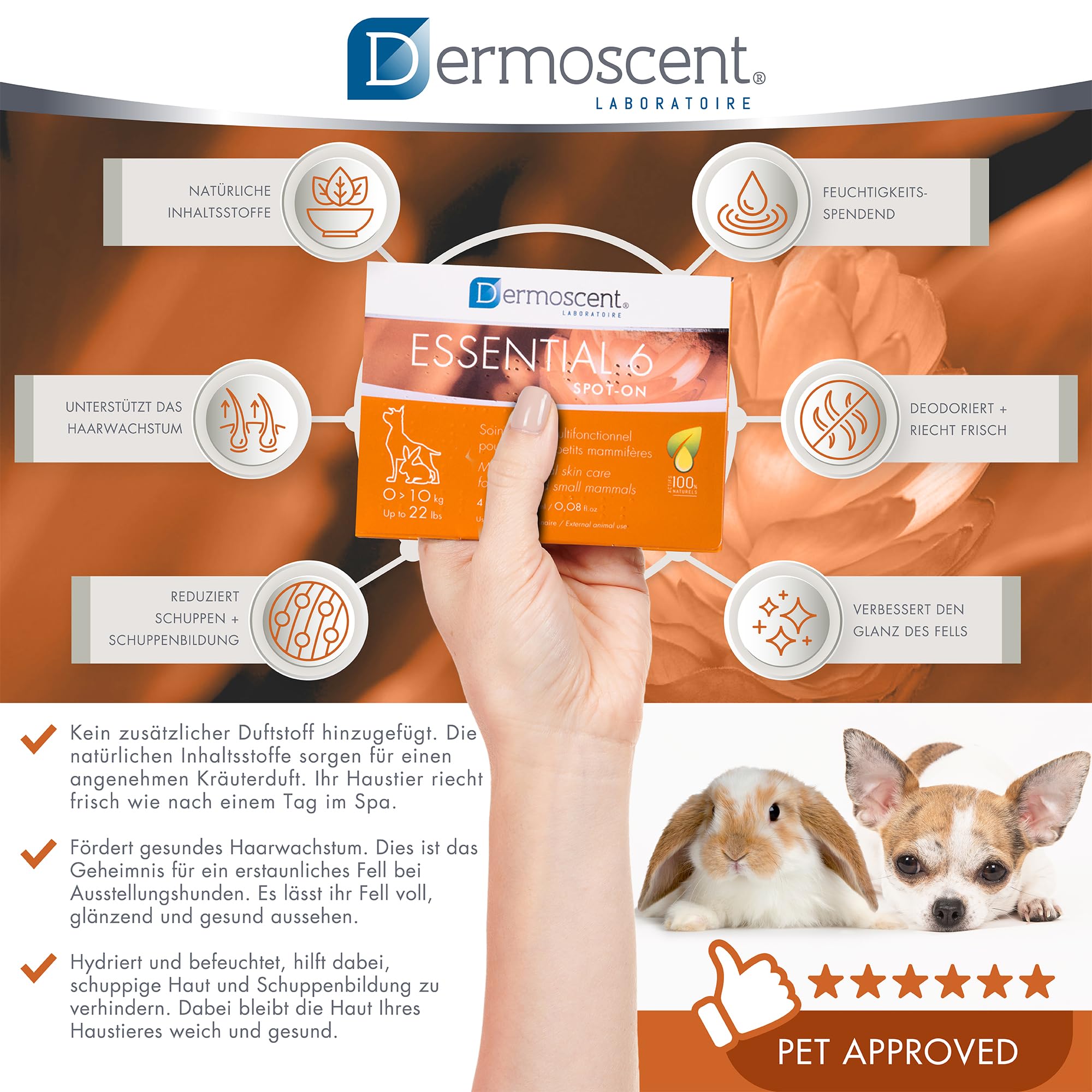 Dermoscent Essential 6 Spot-On | 4 x 0,6 ml | Für kleine Hunde, Katzen und Kleintiere | Kann zur Linderung von Juckreiz beitragen | Mit Vitamin E | Mühelose Anwendung