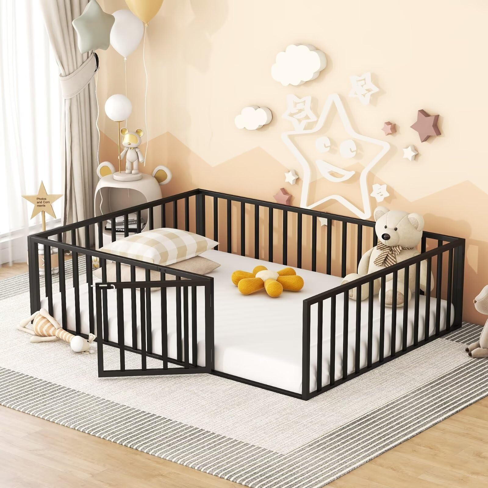 Merax Queen Floor Bed for Children, Sturdy Metal Montessori Bed Frame with Fence & Door, Montessori Floor Bed for Girls and Boys, Black