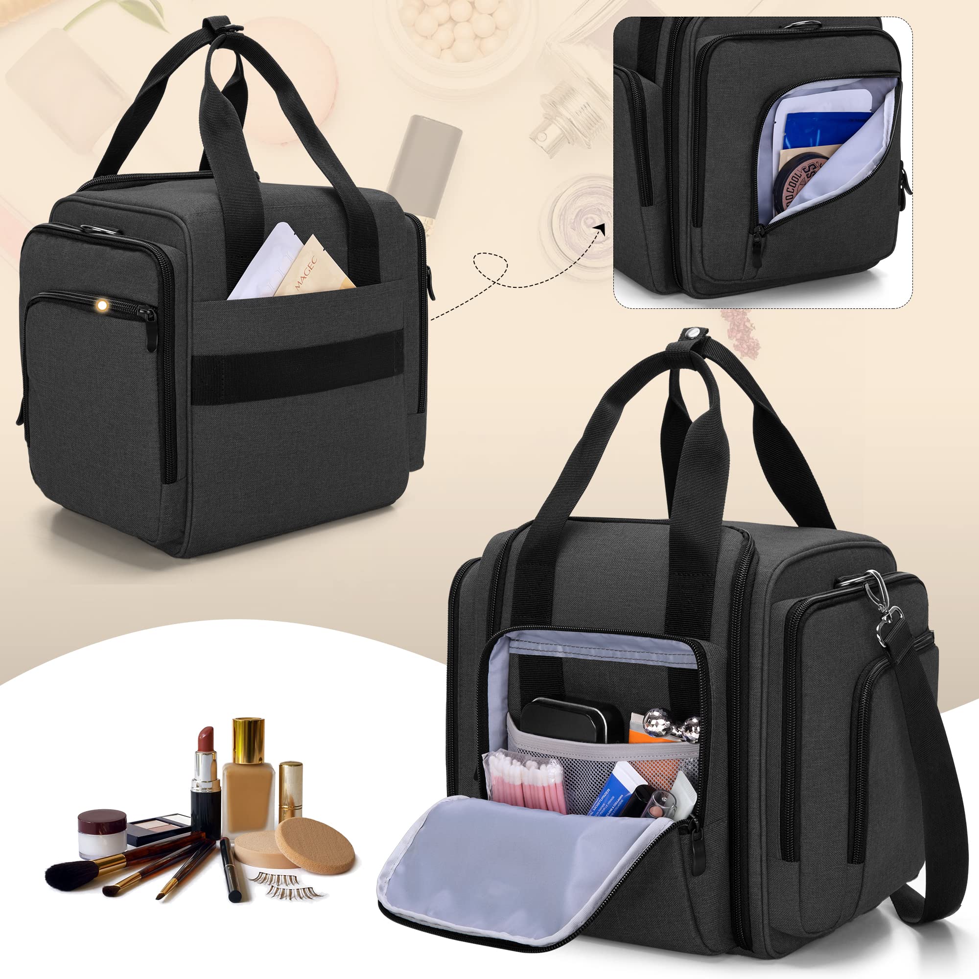 BAFASO Bolsa de Maquillaje de Viaje, Bolsa de Cosméticos 4 Estuches, Negro | Neceser Maquillaje con 4 Estuches Extraíbles, (Solo Bolsa)