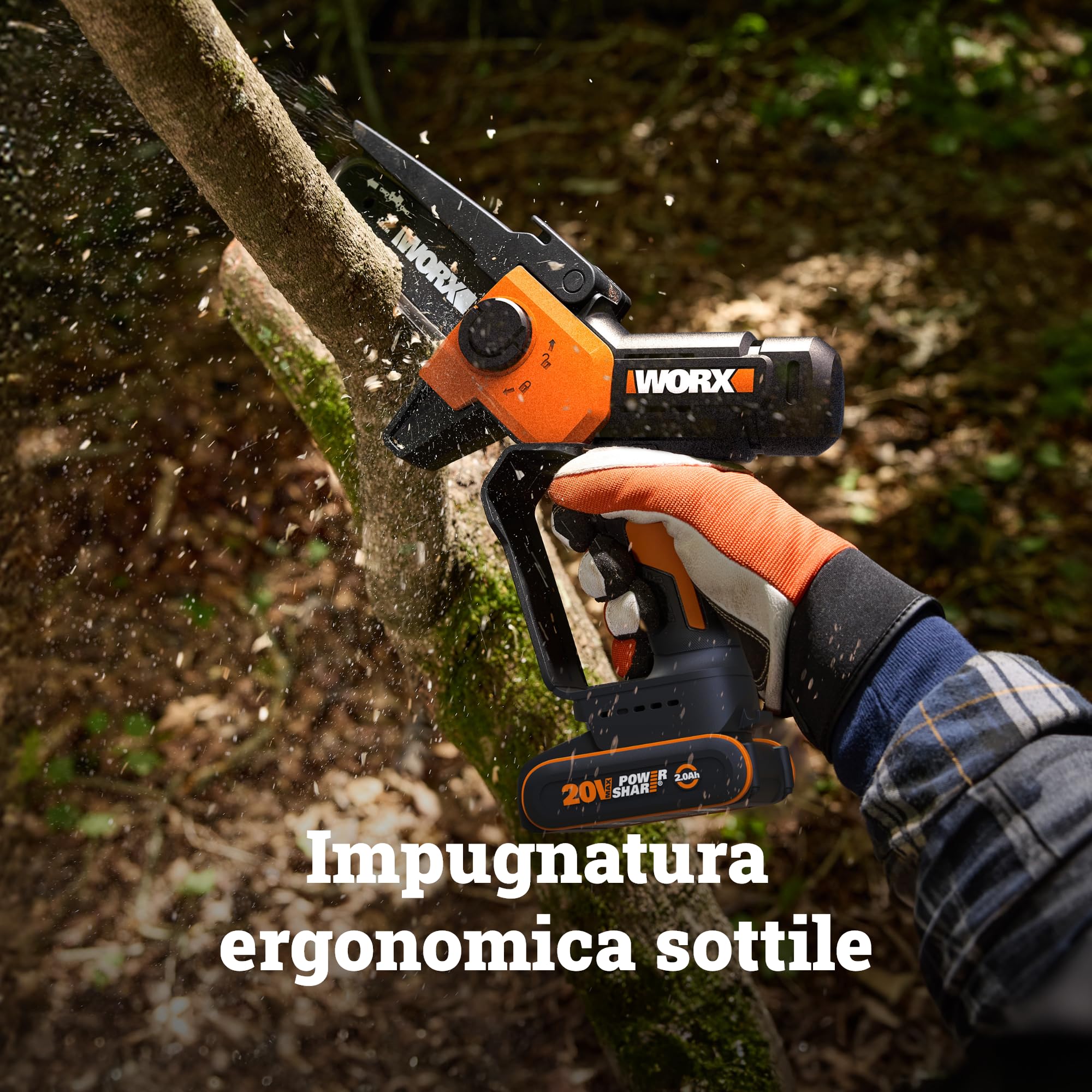 WORX WG326E.9 - Mini motosega a batteria 20 V, lunghezza di taglio 12 cm, cambio catena senza attrezzi, velocità della catena 7,6 m (senza batteria e caricatore)