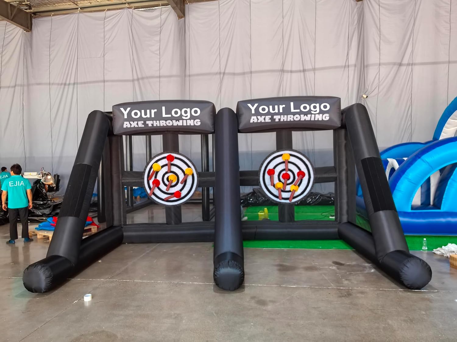 Double Player Inflatable Axe Throwing Game with 12 Soft Axes - 210D Oxford Cloth, 16.5x10x8.5ft Inflatable Ball Toss Target Dart Board for Backyard/Birthday/School/Team/Party Events