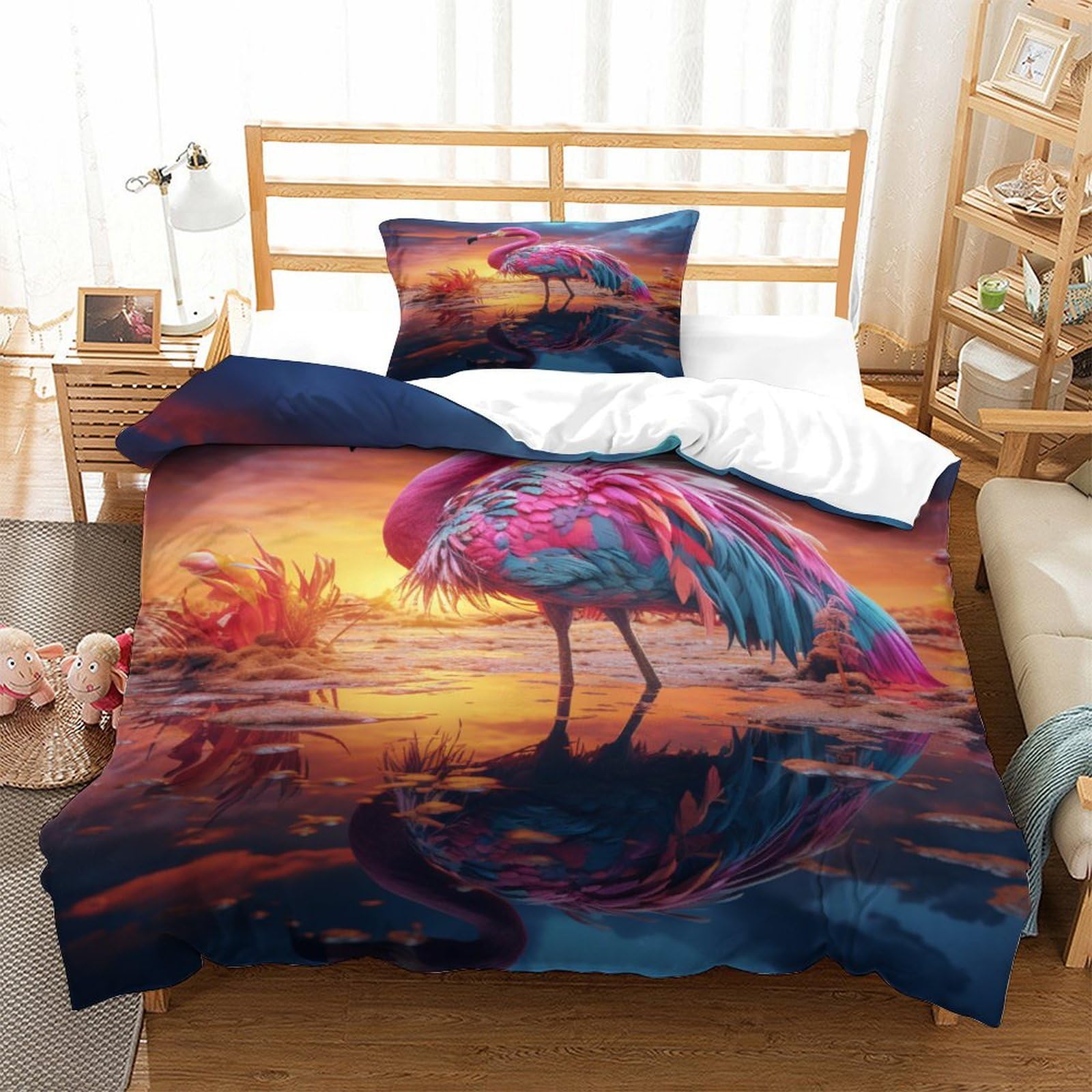 P1S9U7W5Y 3D Printed Elegant Flamingo Duvet Cover Set 3 Pieces Microfiber Bedding Set for Adults Teens, Bedroom Decor, Soft Breathable, All Season Home Use Single（135x200cm）