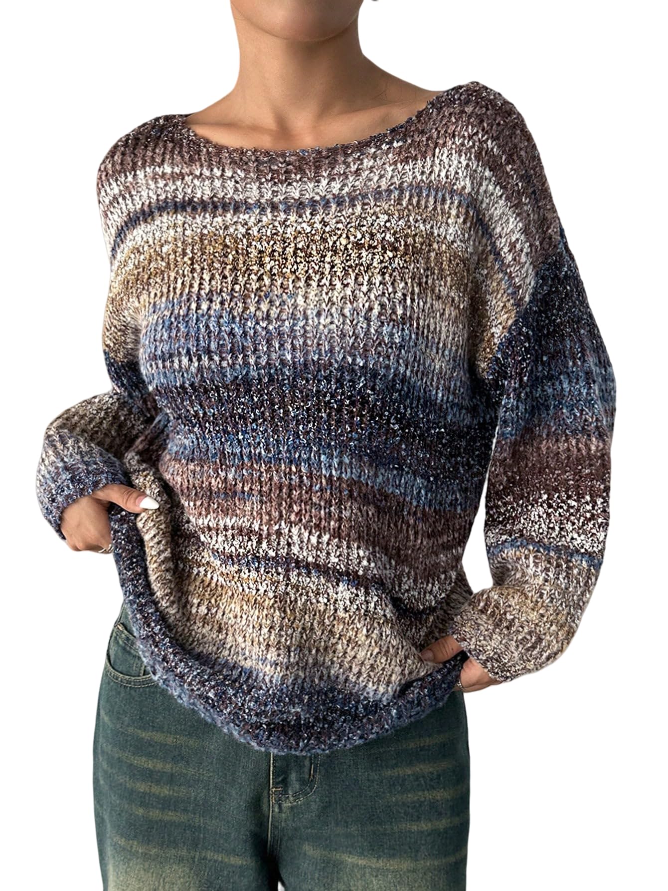 Striped Knit Sweater Oversized Fit Multi-Color Pattern with Navy and Brown Long Sleeve