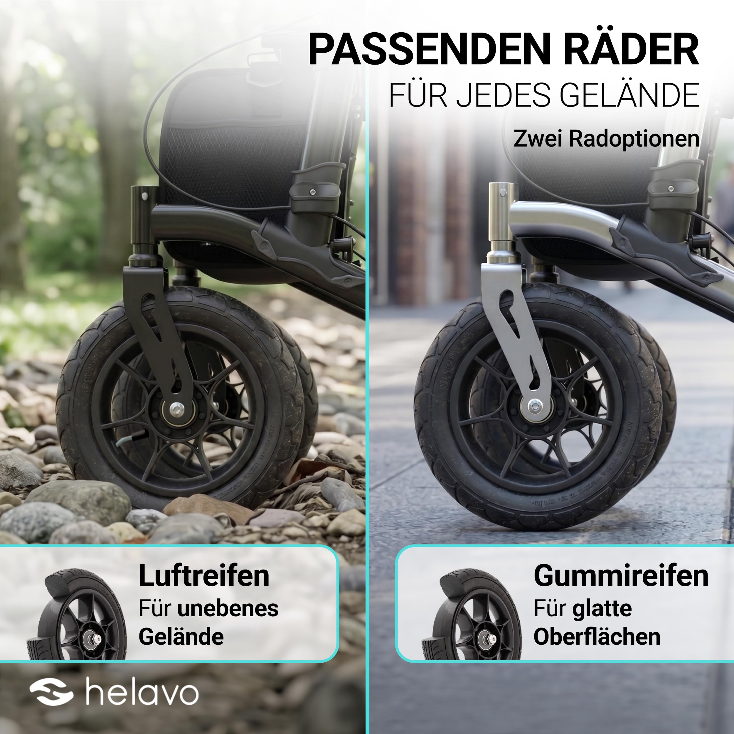Helavo Rollator mit Pannensicheren Vollgummireifen für Draußen - Faltbarer Aluminium Outdoor-Rollator mit Sitz - Maximale Mobilität & Komfort im Außenbereich | 12" Vollgummibereifung für maximalen Komfort - Faltbarer Aluminium-Rollator für Draußen - Mit S