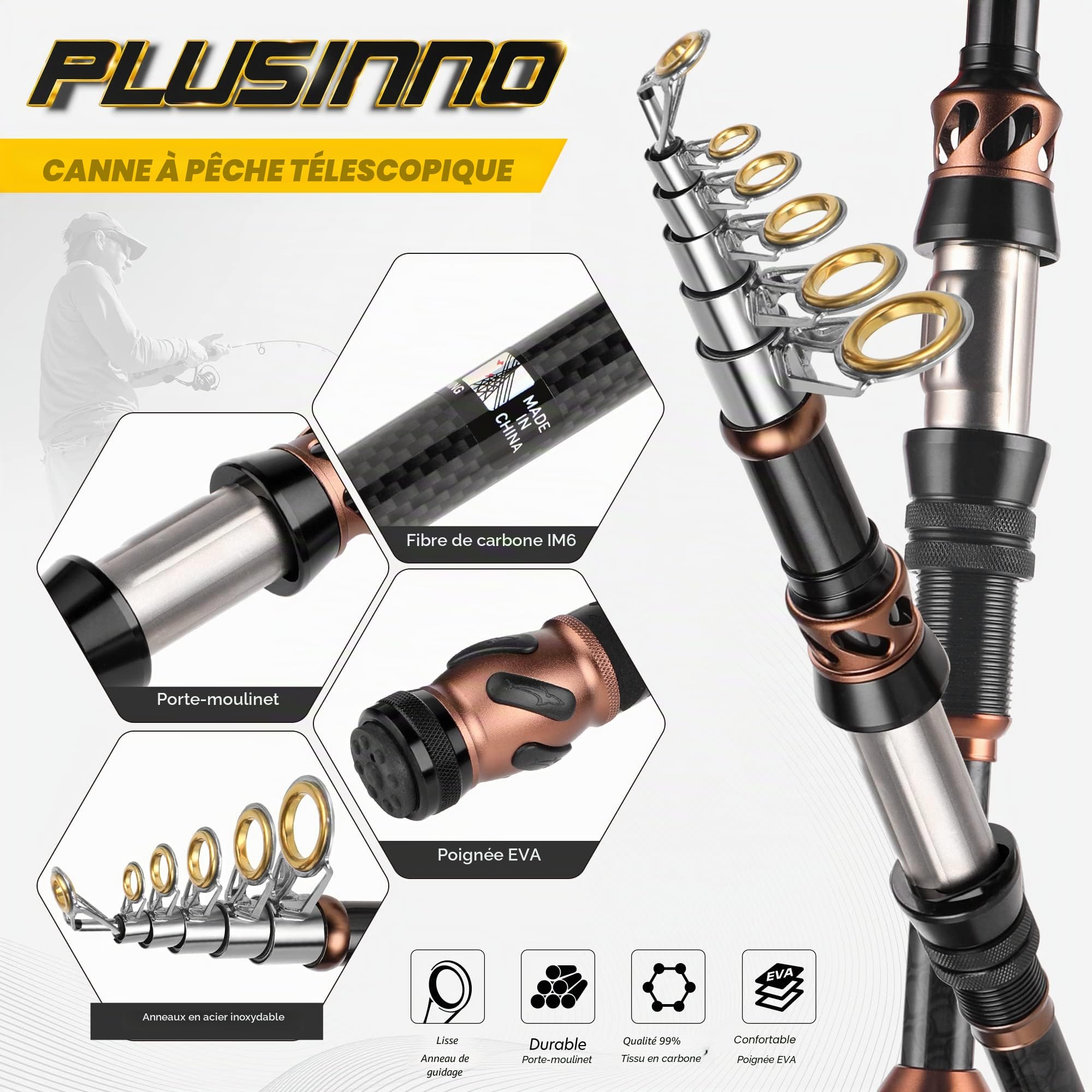 PLUSINNO Ensemble Canne à pêche et Moulinet – Canne à pêche télescopique en Fibre de Carbone – Moulinet Rotatif 12 + 1 roulements blindés en Acier Inoxydable BB
