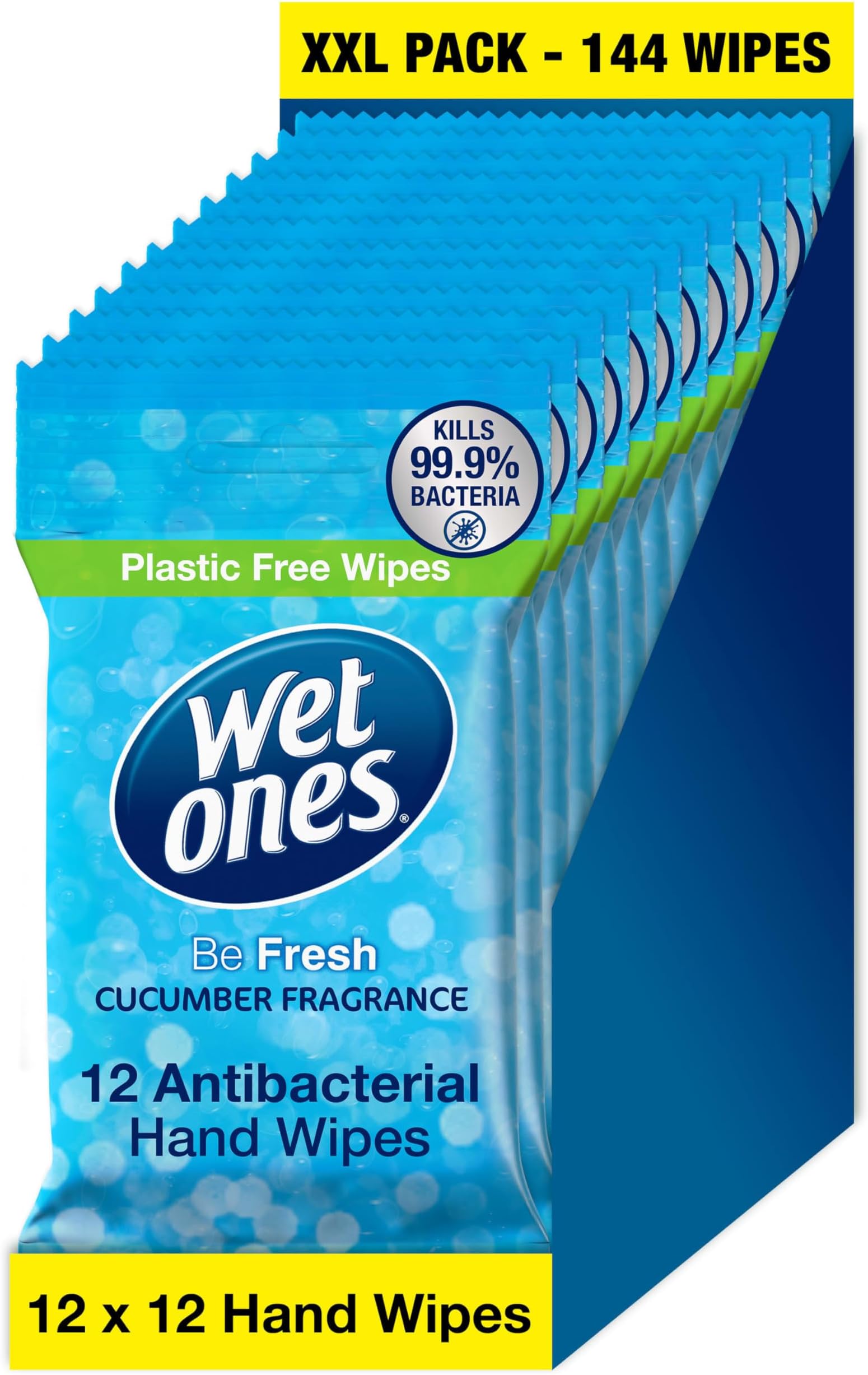 Wet Ones – Be Fresh – Plastic Free Antibacterial Pocket Size Hand Wipes - 144 wipes – 12 packs x 12 wipes