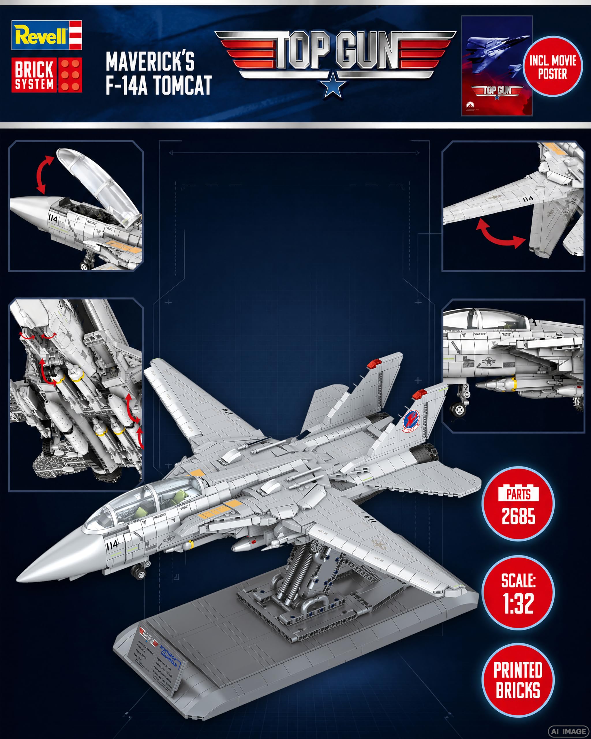 Revell Brick System 00963 Maverick's F-14A Tomcat Top Gun - zestaw modeli cegieł - skala 1:32 niezabudowana, długość 57,6 cm, ponad 2500 sztuk, zawiera figurki Maverick i Goose, stojak ekspozycyjny