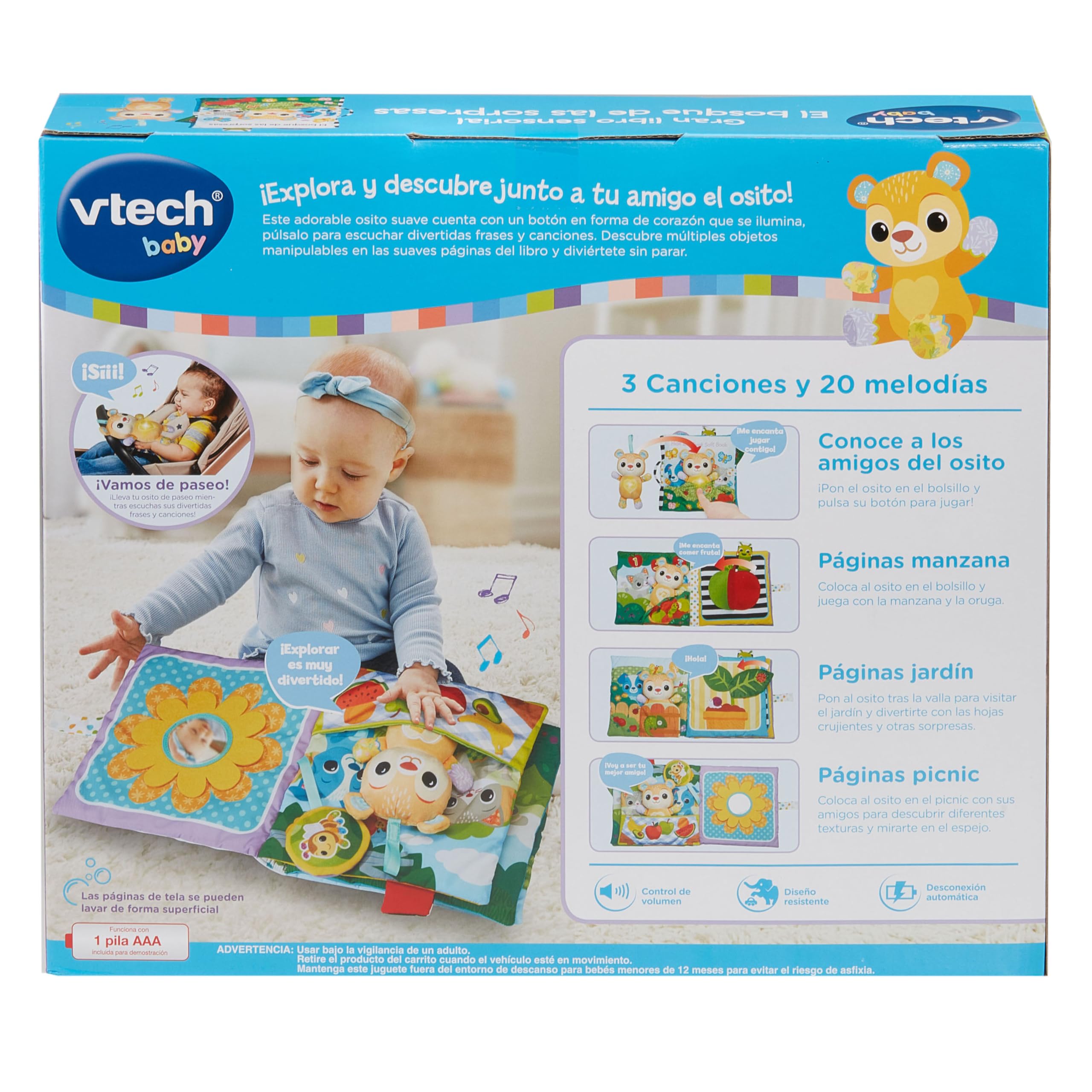 VTech-Baby Gran Libro sensorial El Bosque de Las sorpresas, Libro Grande de Tela, Interactivo, Elementos Móviles, Canciones y Melodías, Osito Separado, Regalo bebés +3 Meses, Versión ESP
