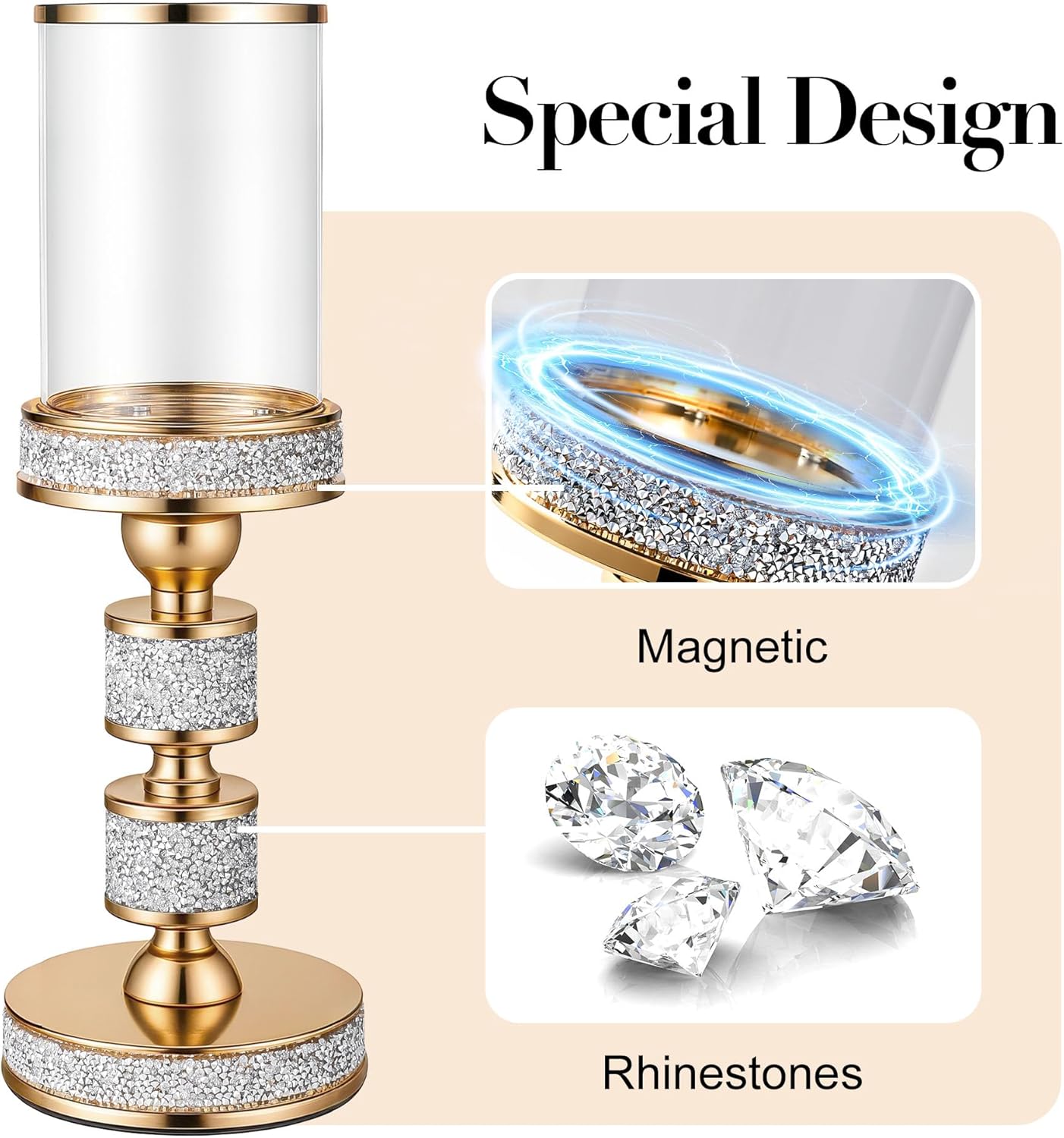 Pillar Candle Holder with Glass Wind Proof, Metal Hurricane Holders, Gold Crystal Candle Stand for Table Centerpieces, Home Decor, Wedding, Dining Table (M, 1PC, for Pillar Candles up to 3"x5") - Image 4