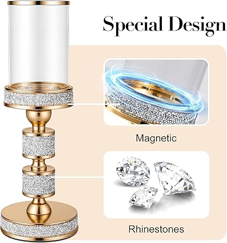 Miniatura 4 de Portavelas de pilar con vidrio a prueba de viento, soportes de metal para huracanes, soporte de vela de cristal dorado para centros de mesa,