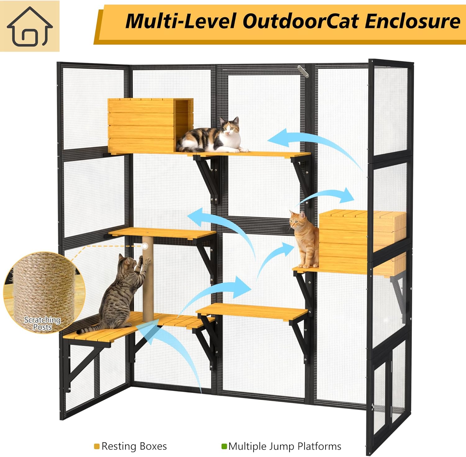 Large Outdoor Wooden Cat Catio Enclosure with Window Connection.Cat House – 2 Condos, 5 Platforms, 4 Doors, Weatherproof Roof & Strong Mesh for Multiple Cats (Walk-in Design)
