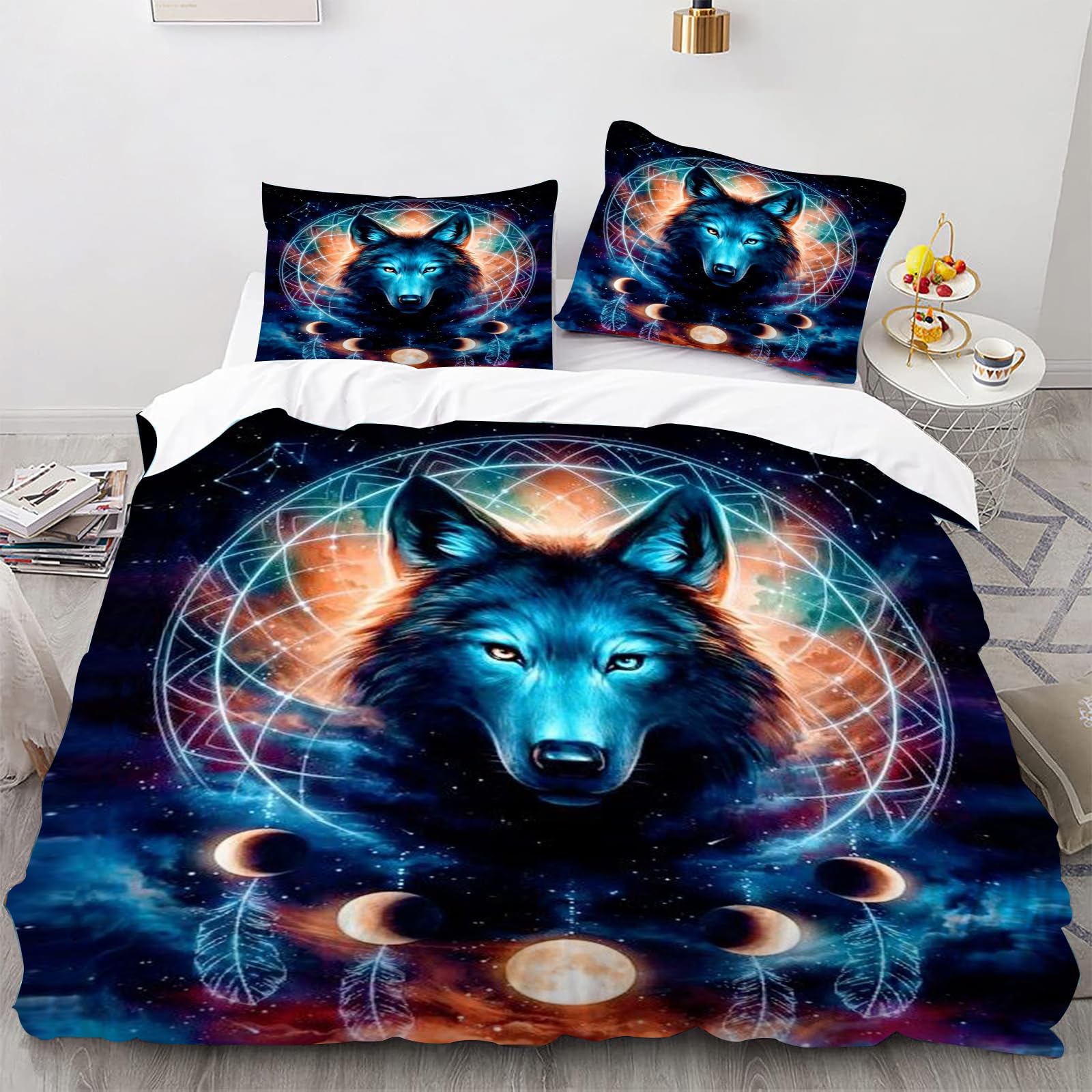 SMchwbc Wolf Bed Linen 135 x 200 cm Children's Animal 3D Wolf Duvet Cover Set for Teenagers, Wolf Bed Linen Set 3-Piece Black Blue with Zip (200 x 200 cm, 1)