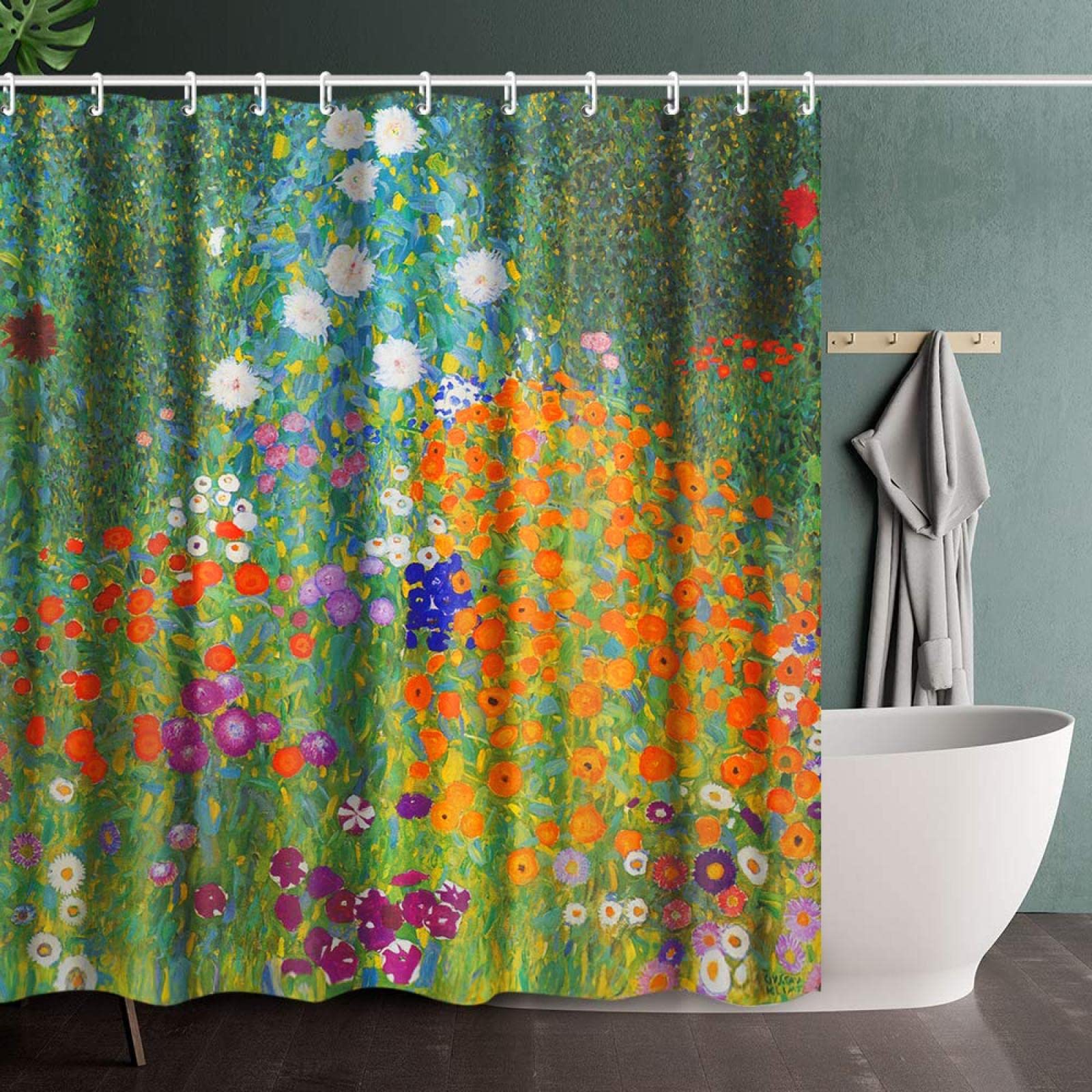 Asunygirl Bathroom Shower Curtain Set with Hook, Flower Garden By Gustav Klimt, Home Art Paintings Pictures Large Wide Curtain for Bathroom 89x183cm/35x72in(WxH) shower curtain