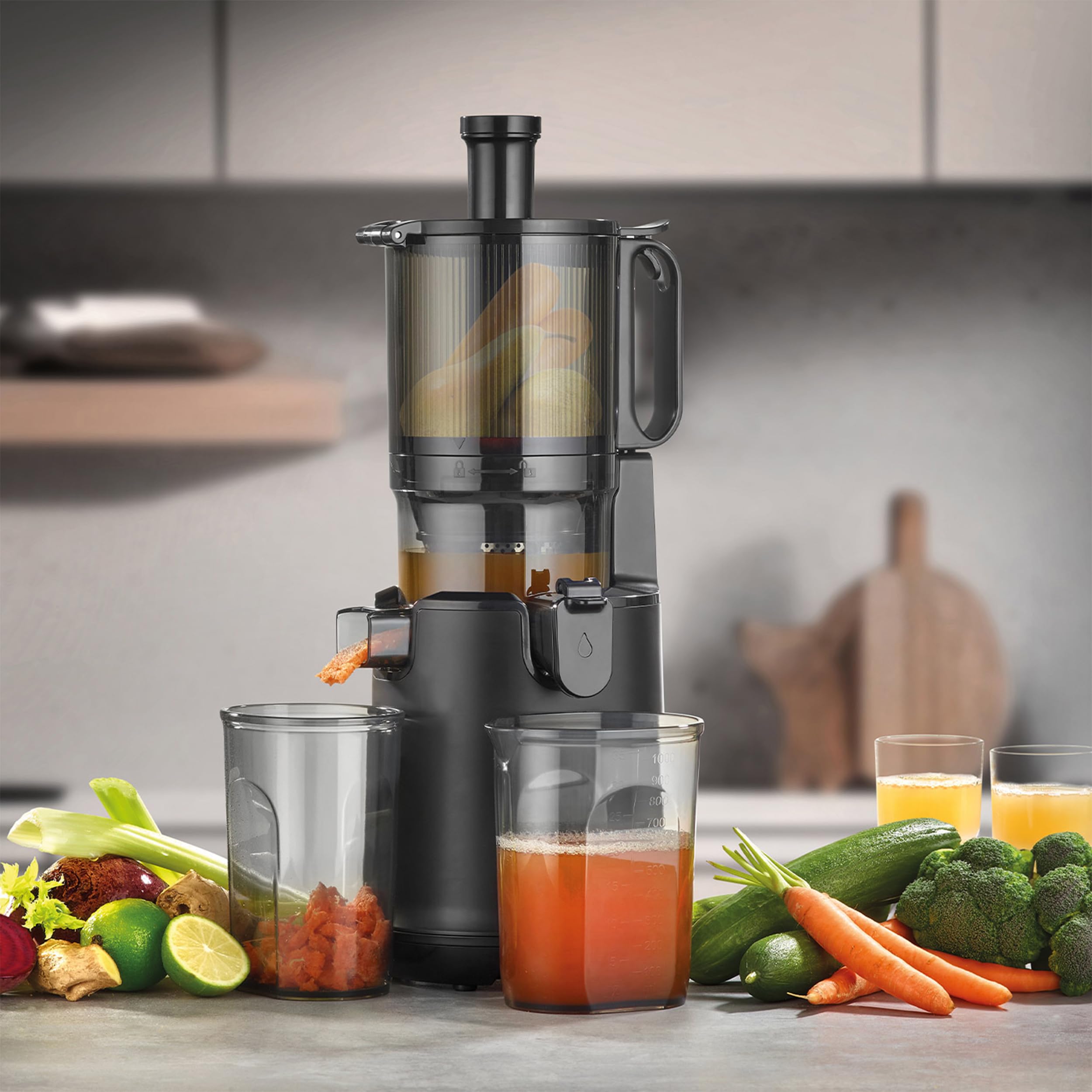 CASO Juice Fit Pro Slow Juicer, zwycięzca testu: test domu i ogrodu, niska liczba obrotów (40 obr./min), duży otwór do napełniania o średnicy 130 mm do całych owoców, czarny
