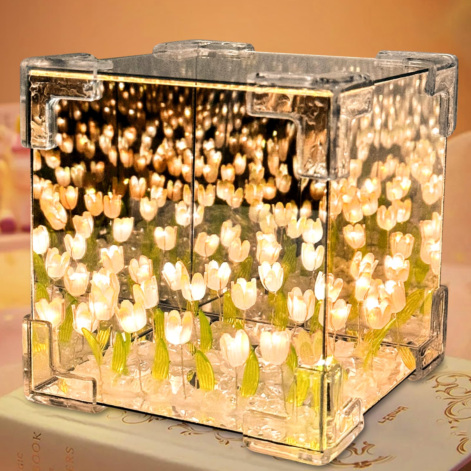 Mecctuck Tulpen Lampe, DIY Decoration Aesthetic, Spiegel, LED Nachtlicht | Tulpen Spiegel, LED Tulpen Nachtlicht, DIY Würfel Nachtlicht mit Tulpen, Tulpenwürfel Blumen Lampe, LED Lampe für Paare