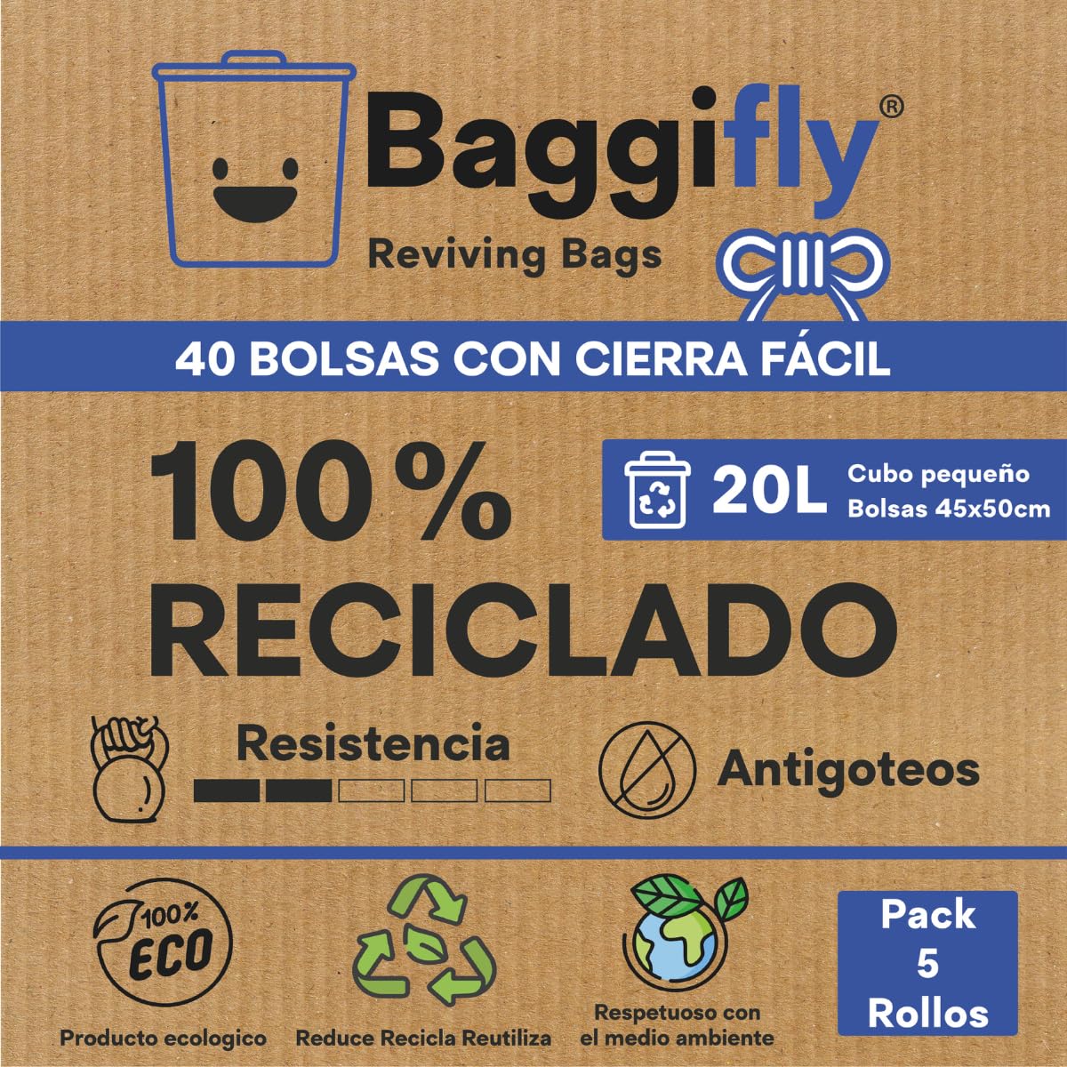 Baggifly, Bolsas de Basura 20L, 200 Bolsas Resistentes, 100% Recicladas, Cierre Fácil, ECO Friendly, Ideal para oficinas, clínicas, hoteles, baños, Maxi Pack 5 x 40, Fabricado en España, Blanco