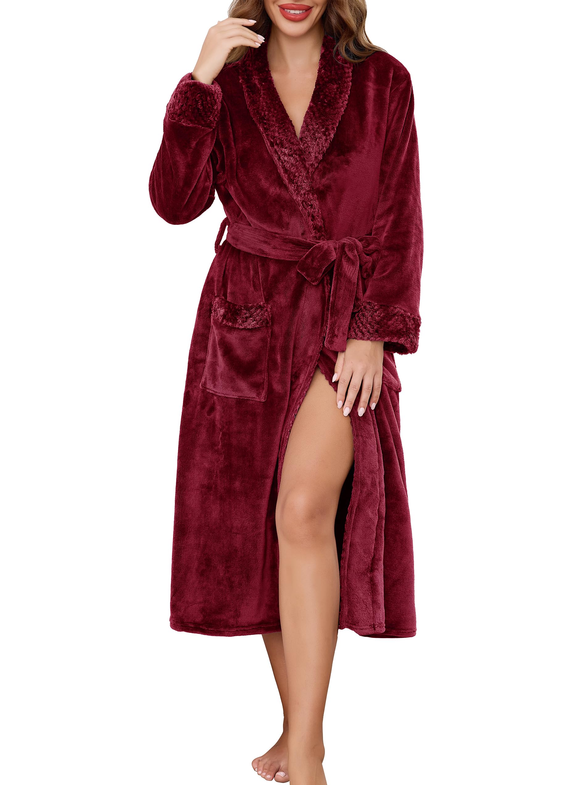 Lovasy Fleece Bademantel Damen Flauschig Super Warm Lang | Winter Bademäntel für Damen Reverskragen Morgenmantel mit Taschen und Gürtel