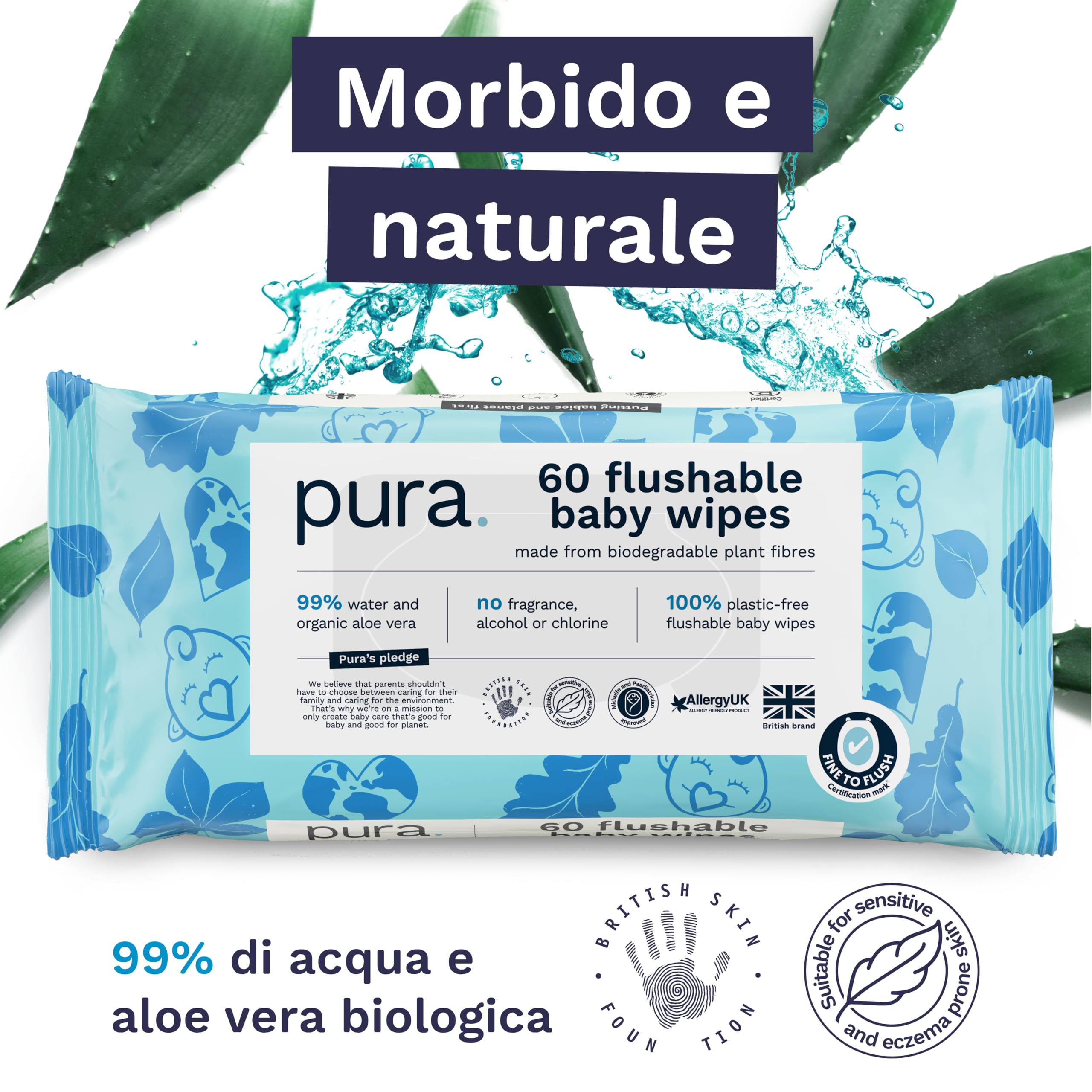 Pura Salviette monouso WC per bambini, 1080 salviettine (18 x 60 salviette), 100% salviettine umidificate senza plastica, 99% acqua, pelle sensibile, biodegradabili, cotone biologico