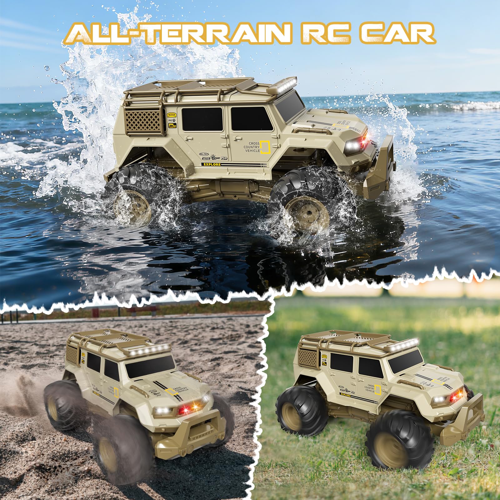 1:14 Coche Teledirigido, 2,4 GHz RC Monster Truck con Luces LED, 4 WD Todo Terreno Stunt Coche, Monster Truck Teledirigido Perfecto Regalo para Niños (Caqui)