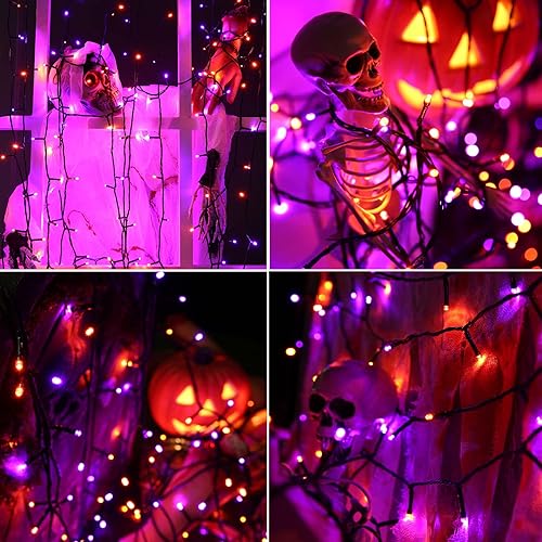 Miniatura 5 de Luces naranjas y moradas de Halloween, guirnalda enchufable resistente al agua de 114 pies con 300 luces LED, con 8 modos, tira de luces para