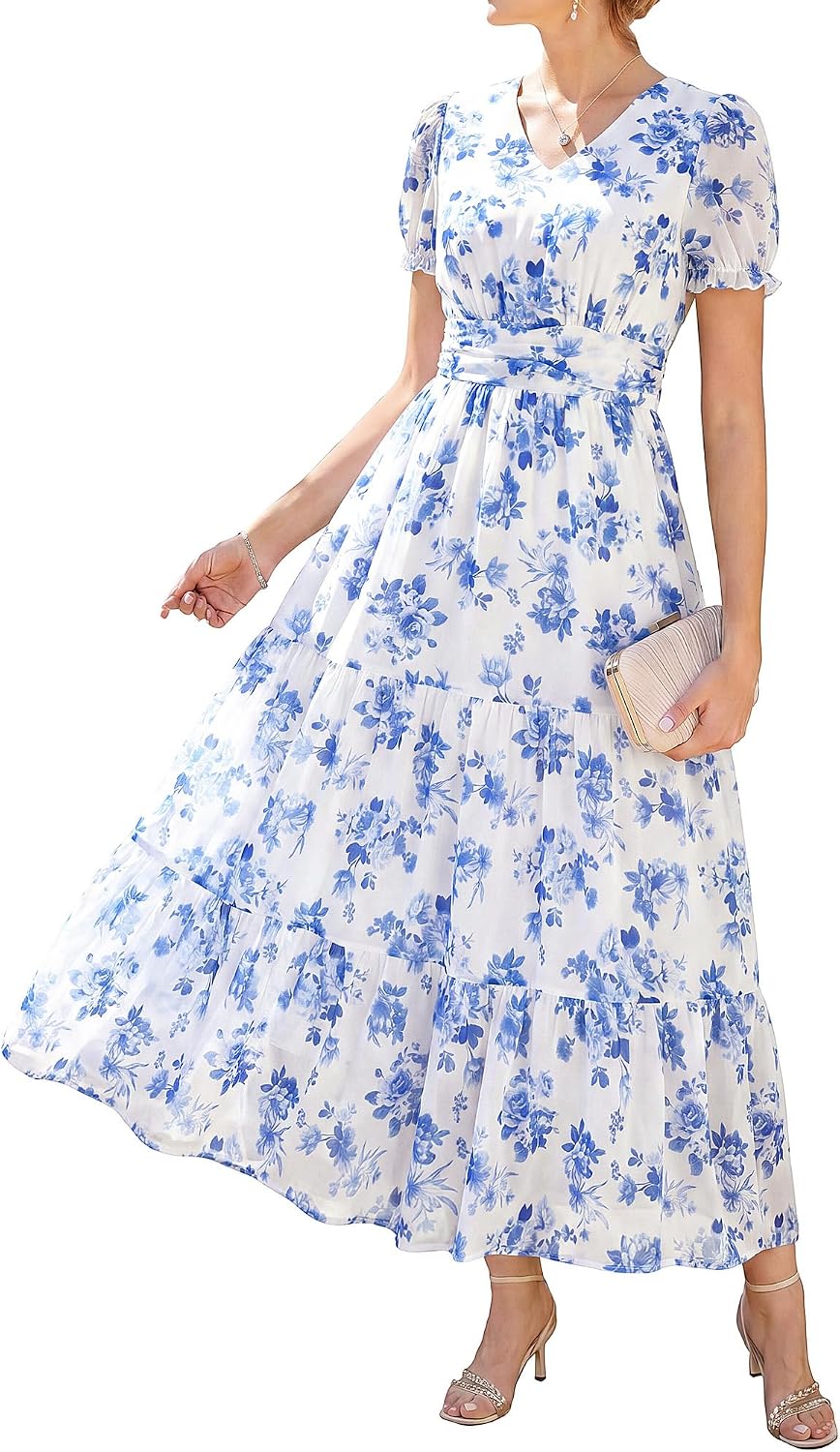 GRACE KARIN Women's 2026 Summer Wedding Guest Maxi Dresses Floral V Neck Short Sleeve Elegant Flowy Formal Dress with Pockets