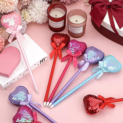 Miniatura 6 de Pajean 25 bolígrafos de corazón para el día de San Valentín, a granel, bolígrafos con forma de corazón de lentejuelas para suministros de oficina de