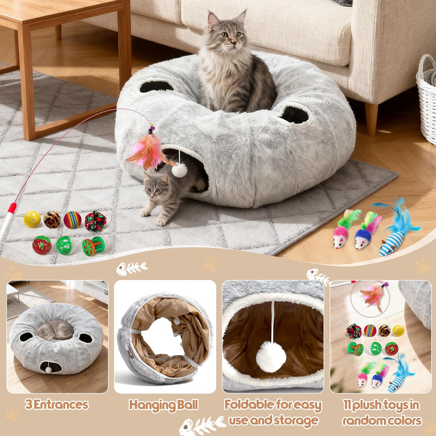 4-Holes Cat Tunnel Bed for Indoor Cats, Plush Donut Play Tunnel with Removable Cushion, Cats Hideout Play Bed with 11 Cat Toys, Cozy Round Cat Cave for Multiple Cats, Kitten/Puppy/Rabbit(Grey)