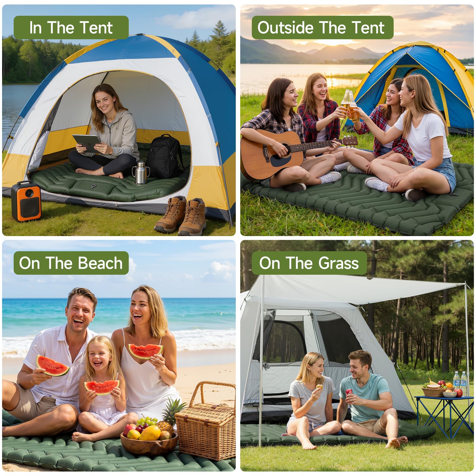 HAUSPROFI Tapis de Camping Isotherme Double, Matelas pneumatique de Camping ultraléger pour 2 Personnes avec Pompe à Pied et Oreiller, Matelas Gonflable Compact et léger, Tapis de Camping, Vert
