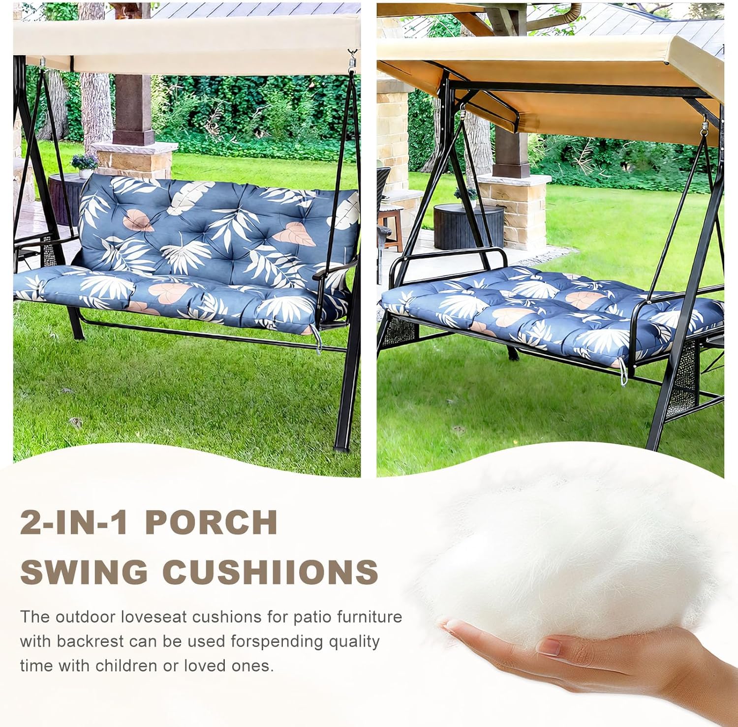 Porch Swing Cushion with Backrest,Waterproof Bench Cushion for Outdoor Furniture,2-3 Seater Replacement Thickened Swing Cushion with Ties,Patio,Outdoor,Backyard and Garden (Tropical Leaf,47x40")