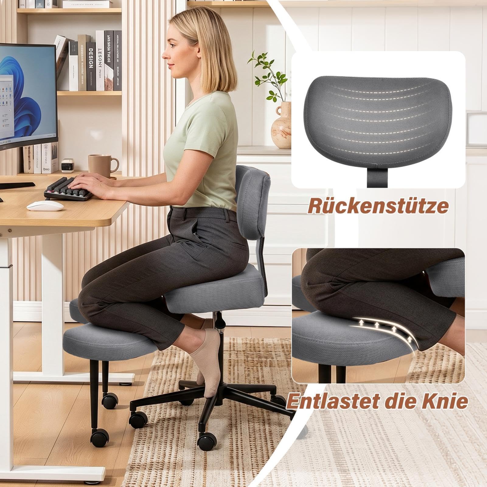 Generisch Kreuzbein-Bürostuhl Mit Rollen Adhs-Schreibtischstuhl Für Erwachsene Meditationsstuhl Höhenverstellbar Yoga-Bürostuhl Breiter Criss Cross Stuhl Mit Lendenwirbelstütze Kniestuhl