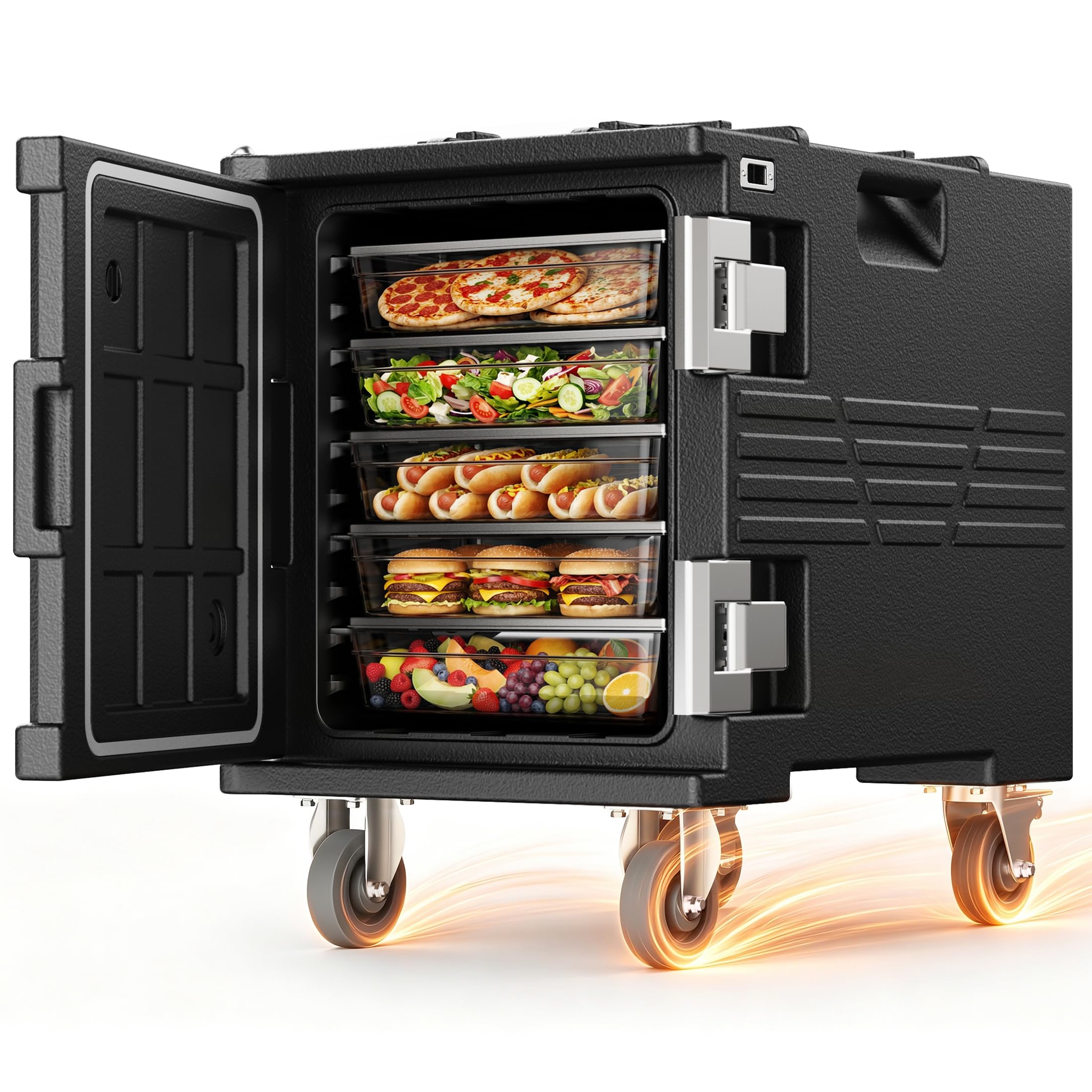 75L Thermobox Frontlader mit Drehrollen, LLDPE Isolierte Transportbox | mit 304 Edelstahlriegel, Warmhaltebox Stapelbar für 5x GN 1/1 Behälter(Nicht), Ideal für Lieferservice und Catering