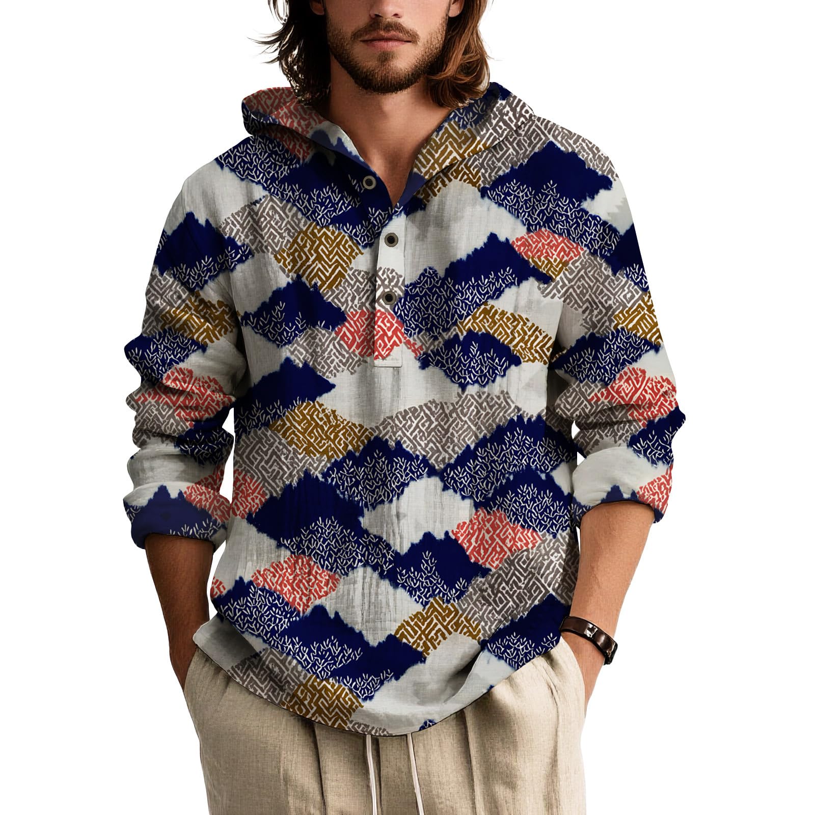 Mens Long Sleeve Hooded Button Down Shirt Relaxed Fit Lightweight Botanical Print Beach Vacation Top