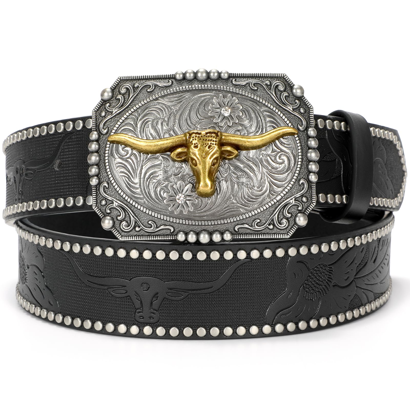 WOWOGO Western Cowboy Cowgirl Belt for Men Women LongHorn Bull Buckle Embossed Leather Belt Rodeo Country Belt
