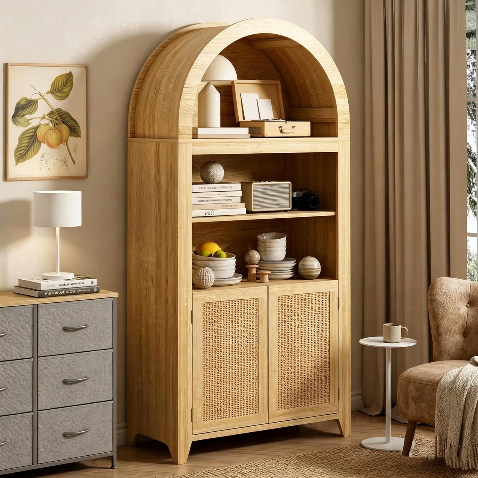Bücherregal mit Türen, gebogener, hoher Rattan-Aufbewahrungsschrank, Holz-Bücherregal mit 3-stöckigen offenen Regalen, für Wohnzimmer, Schlafzimmer, Heimbüro, Küche
