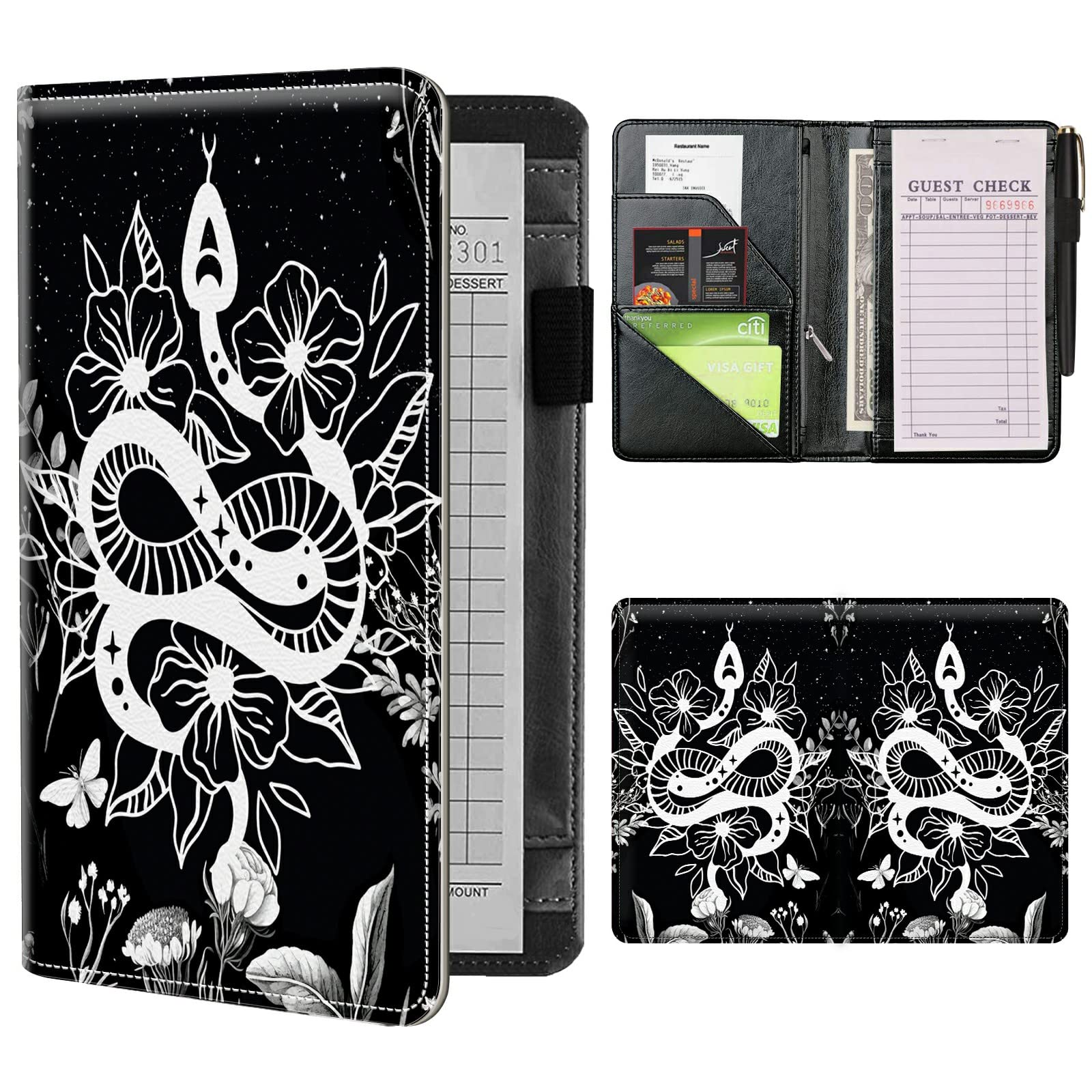 Server Books for Waitress Waiter with Zipper Pocket, Witchy Snake Moon Leather Server Pads Waitstaff Organizer Guest Check Presenters Server Wallet Money Holder Pouch Fit Apron
