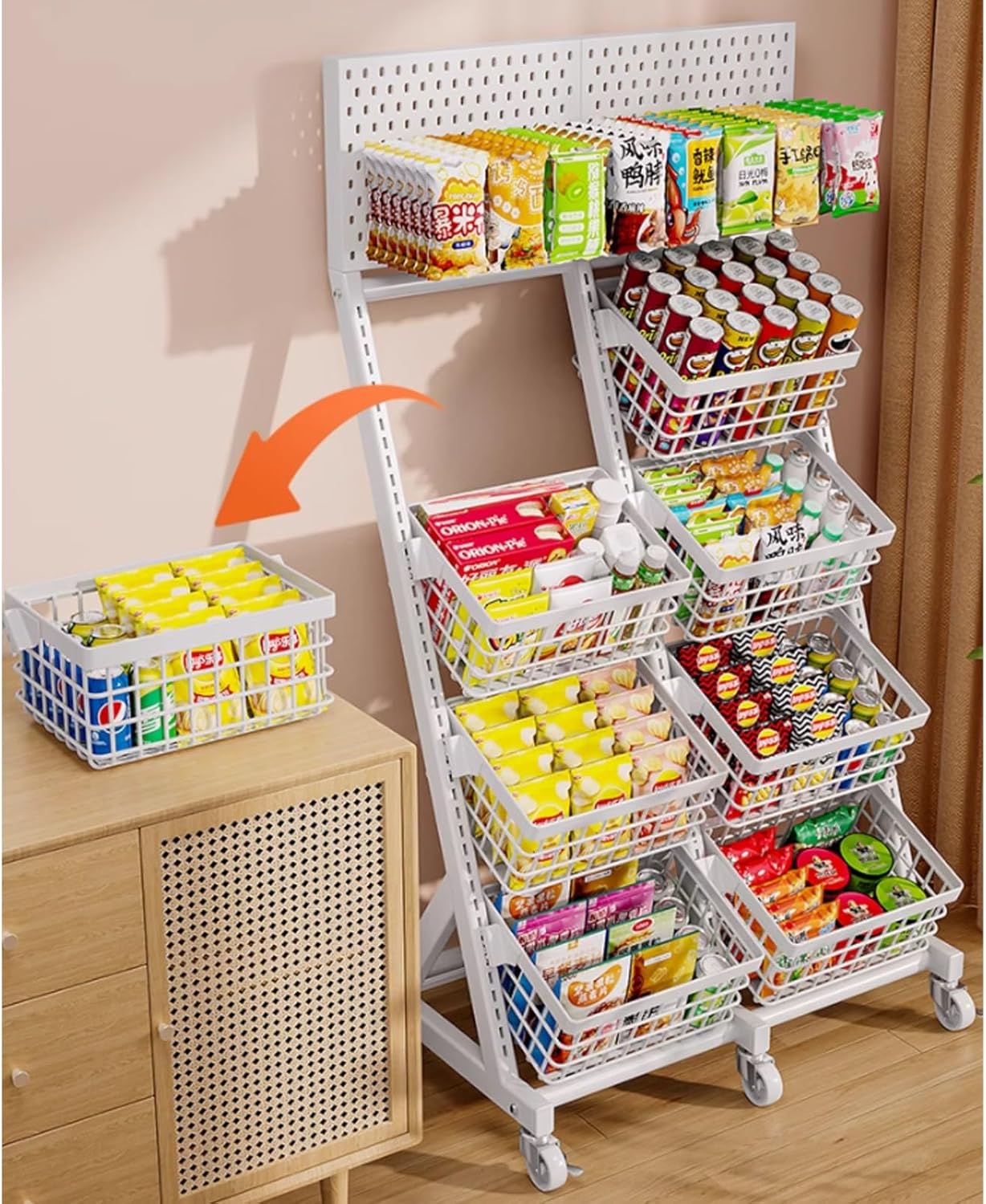 Free Standing Display Racks Mobile Storage Racks Cigarette Racks Supermarket Racks，4-Tier White Retail Candy Snack Display Rack, Floor-Standing Metal Storage Stand Brackets with 6 Wheels & 1