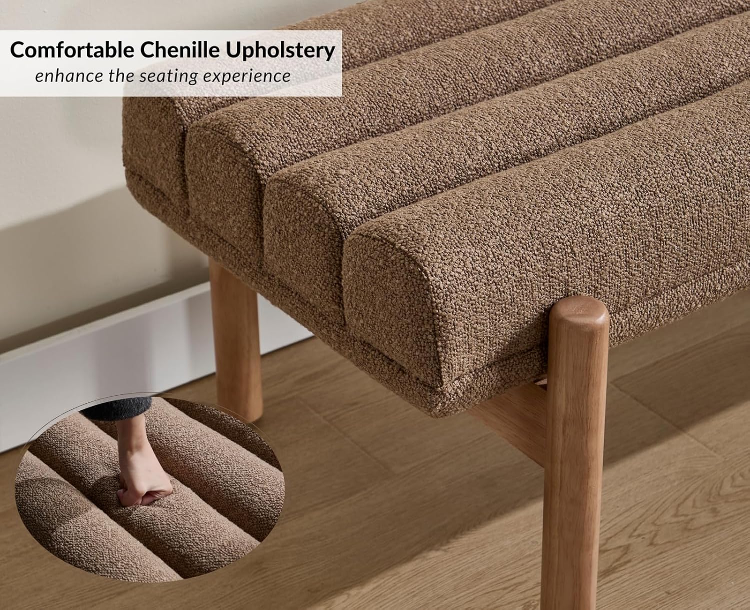 EALSON 47 Inch Entryway Bench Fabric Upholstered End of Bed Bench Modern Bedroom Bench with Cylindrical Cushion and Solid Wood Frame Comfy Chenille Long Ottoman Bench for Bedroom Living Room, Brown