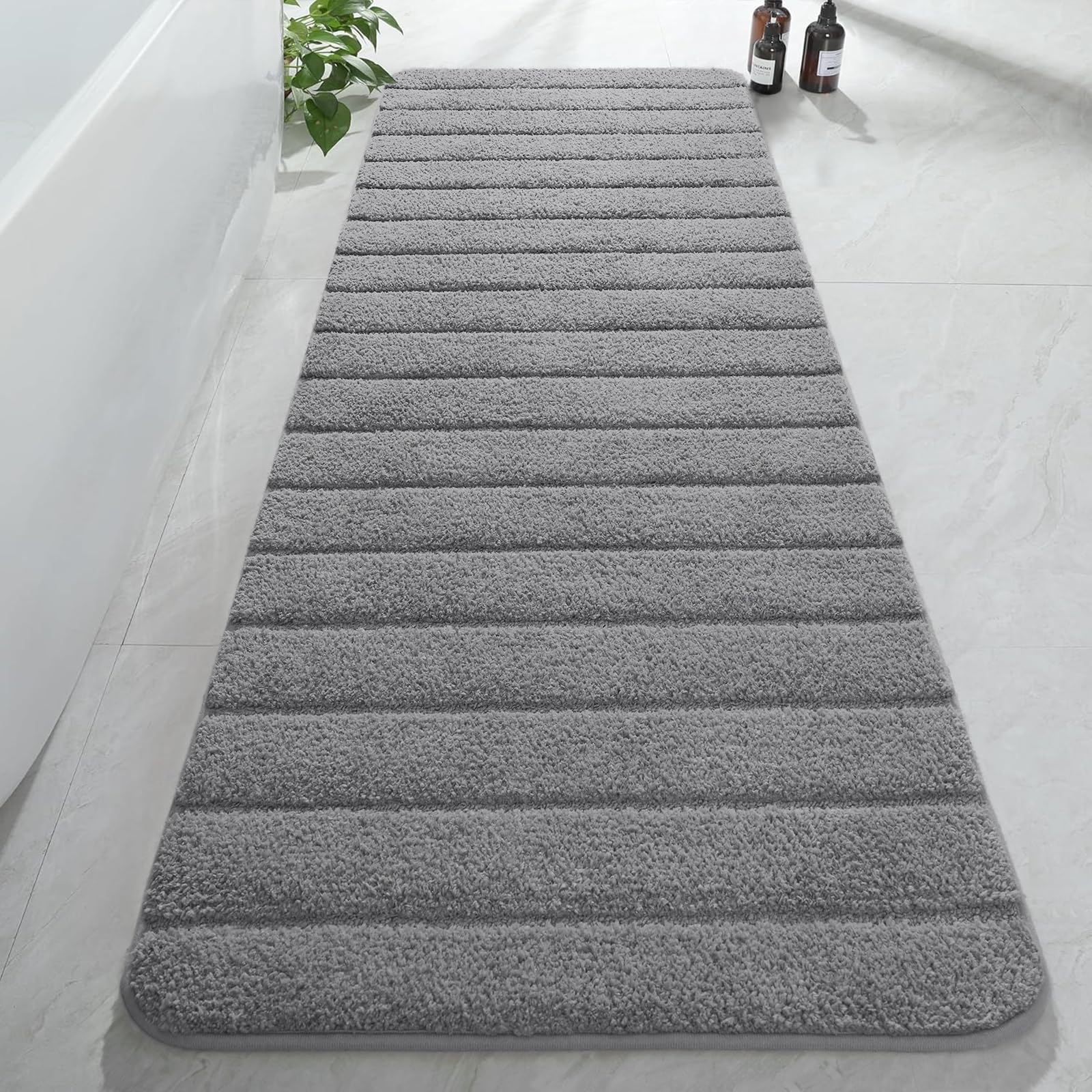 AROGAN Luxuriöser langer Badezimmerläufer, 61 x 183 cm, rutschfest, Grau | Dicke, weiche und saugfähige Mikrofaser-Badematte, Gummi-Rückseite, gestreifter Teppich, maschinenwaschbar, Plüschmatten