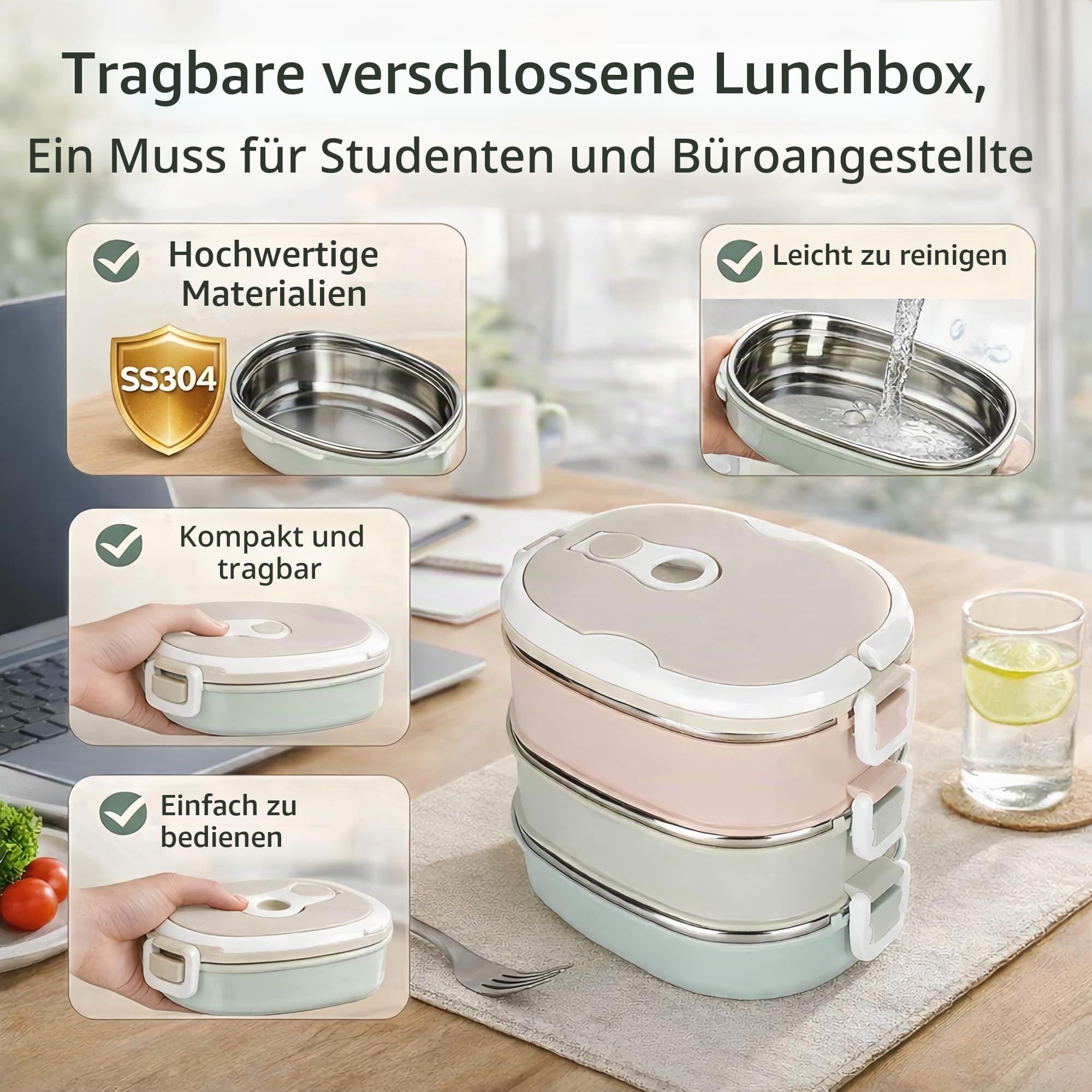 Bento-Lunchbox, Thermo Lunchbox, 304 Edelstahl-Lunchbox, Thermo Essensbehälter Mehrschichtige Lebensmittelbehälter mit Wärmedämmung, Thermo Speisebehälter für Kinder Erwachsene Camping(3 Layer)