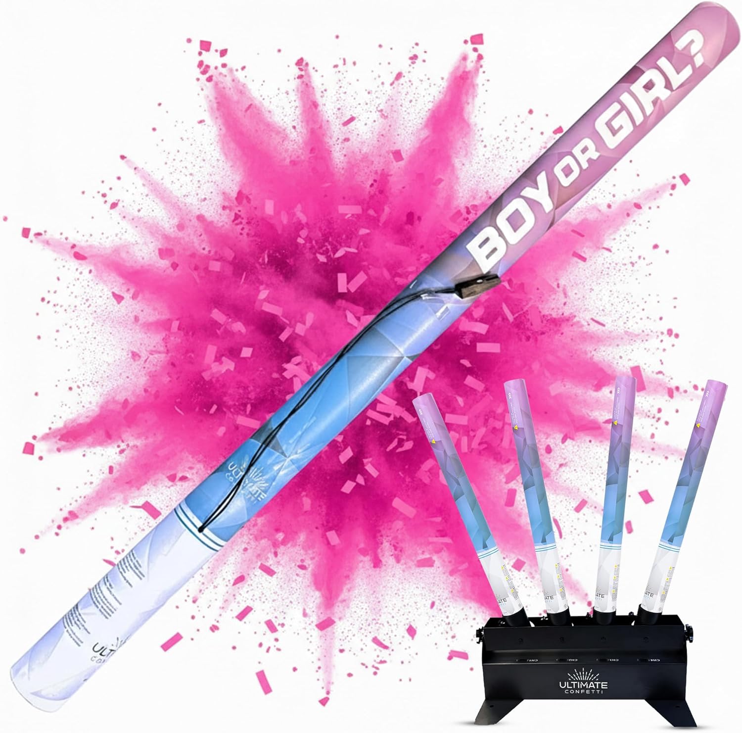Ultimate Confetti - Electric Powder + Confetti Popper Cannon Cartridge 24” Pink - Pre-Filled and Leak-Resistant Gender Reveal Poppers Cannon, Requires EC-1 or EC-4 Confetti Machine to Activate