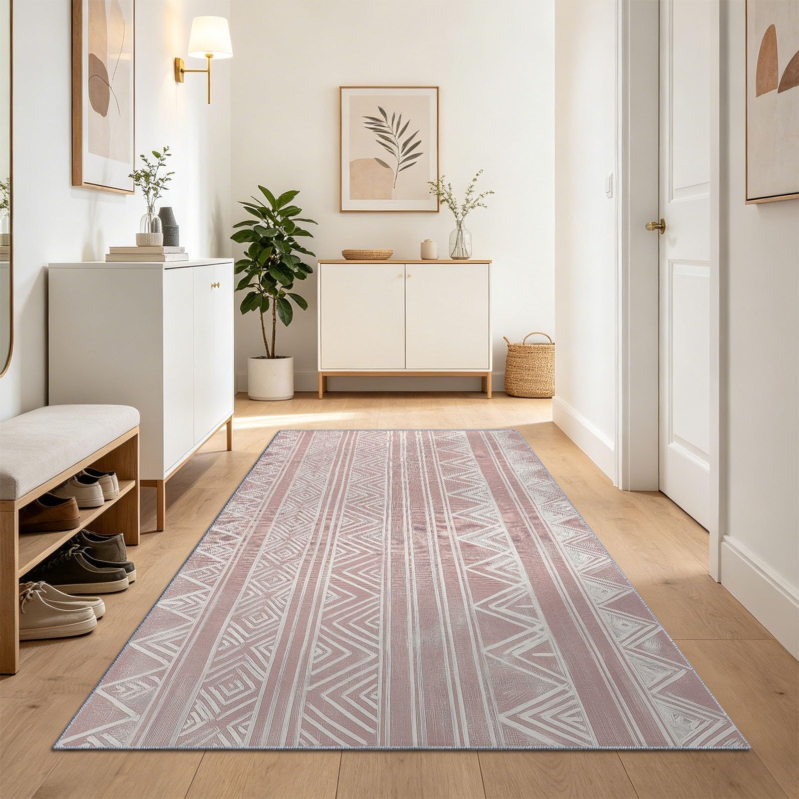 Tapis de chambre rose 60x180 cm géométrique à poils courts doux et lavable