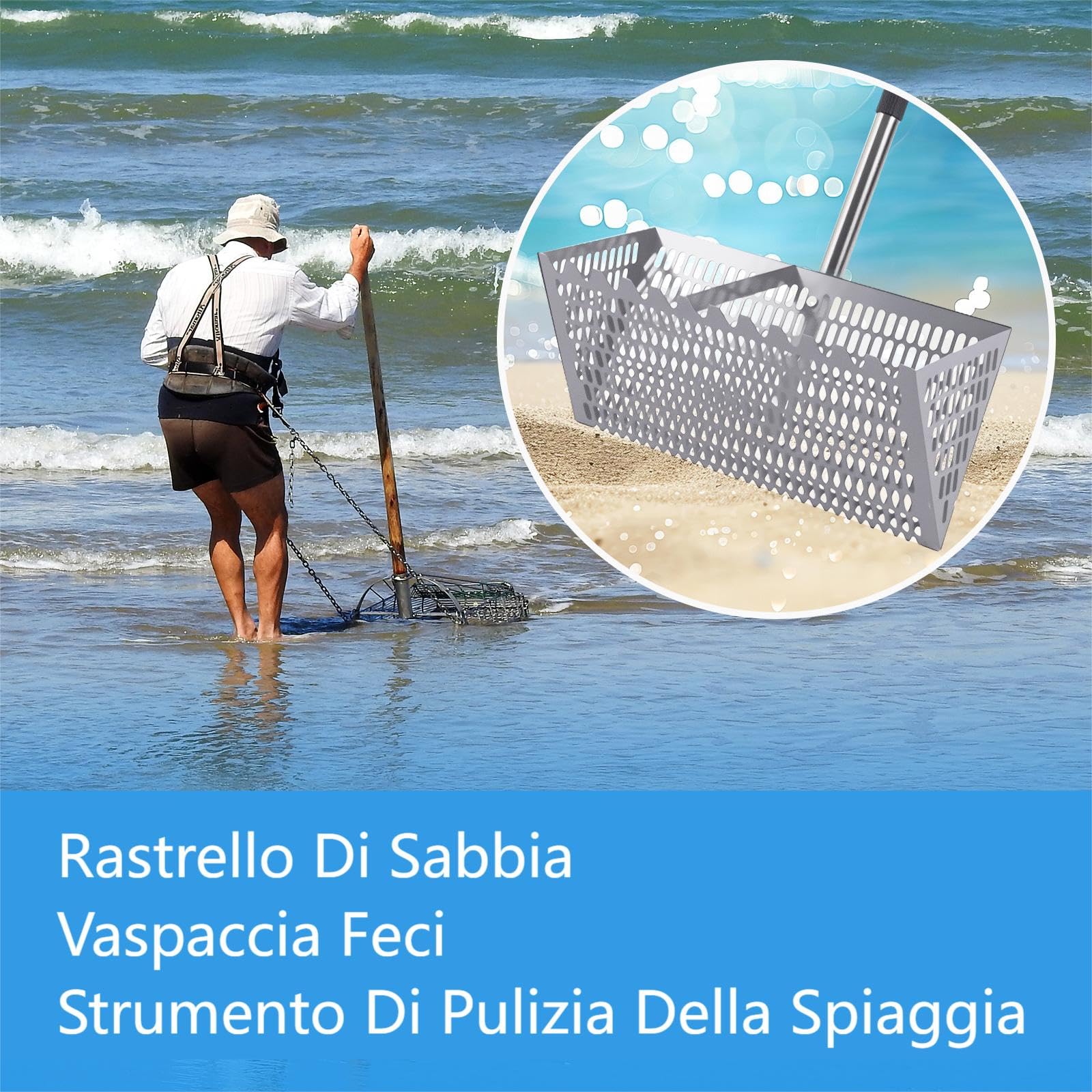 perfk Setacciatore di Sabbia, 141 Cm Rastrello delle Pulci di Sabbia, Setaccio da Spiaggia con Manico Lungo in Acciaio, per L'uso Come Vaspaccia Feci, Strumento di Pulizia della Spiaggia, Nero
