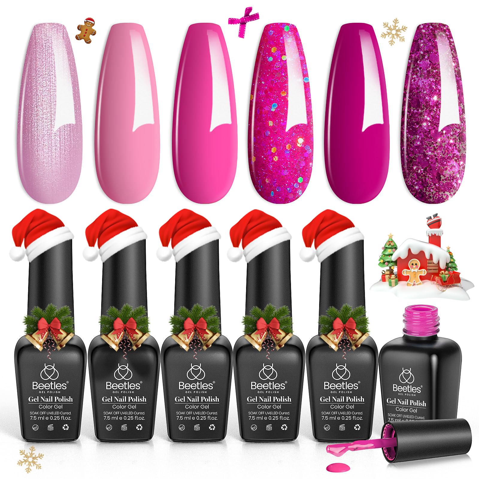 beetles Gel Polish Pink Angel - Christmas Gel Nail Polish Set Pink Rose Nude Glitter Sparkle Light 6 Colors Kit Soak off Uv Led Nail Art DIY Salon Home Gift for Women Girls