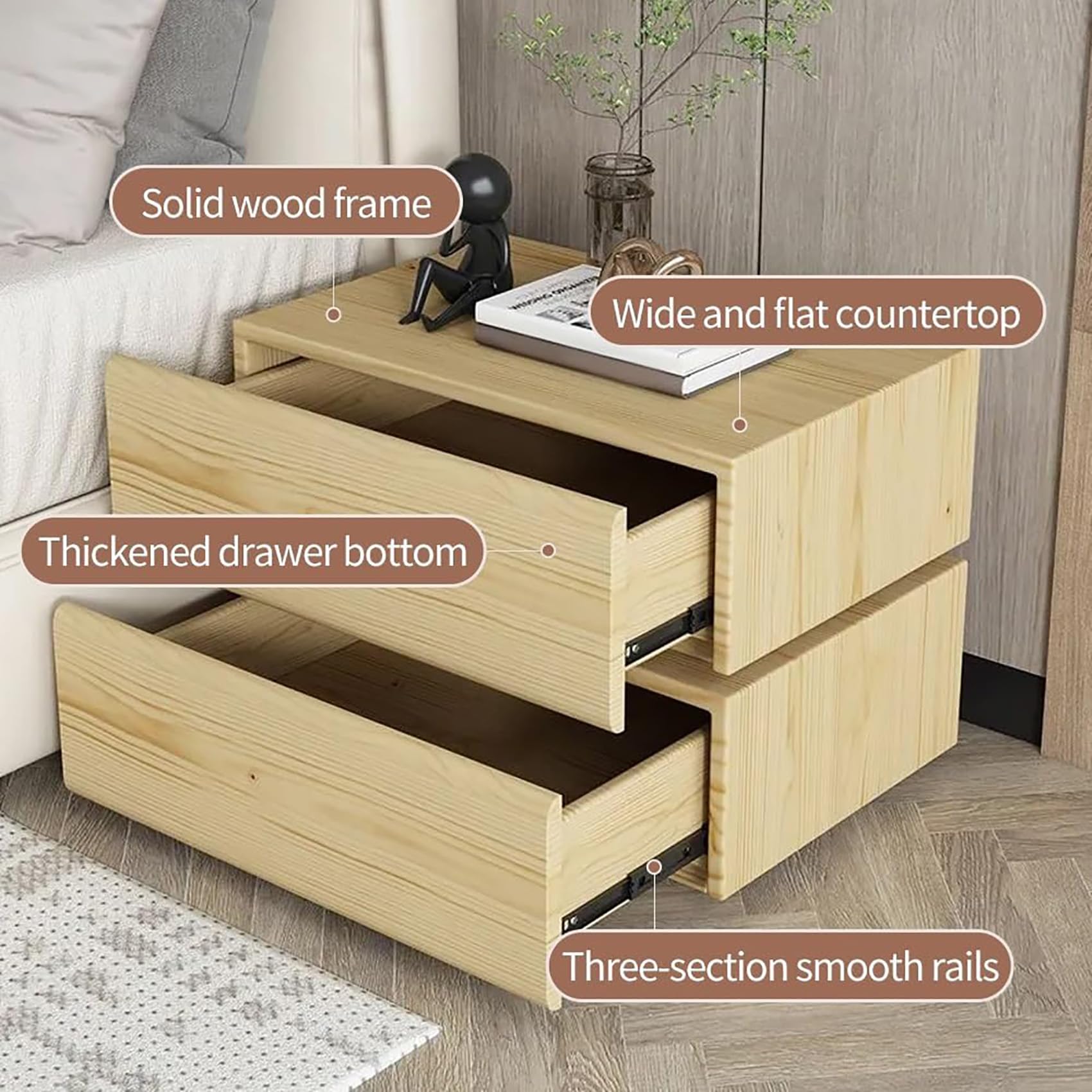 Nowoczesna szafka nocna z 2 szufladami stolik nocny z litego drewna ze skórą z mikrofibry stolik nocny do sypialni do przechowywania brązowy 30 cm x 37 cm - stylowe i funkcjonalne futro