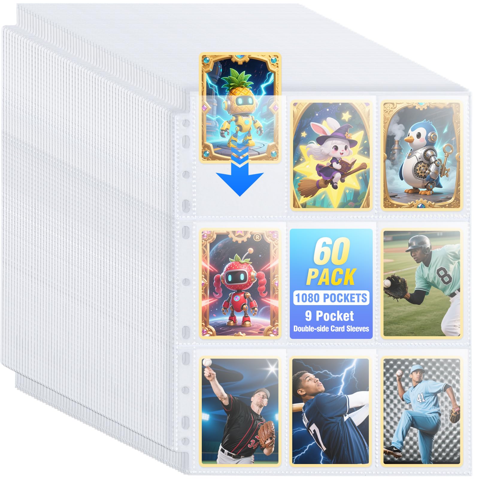 Amazon.com: 60 Pack 1080 Pockets Binder Card Sleeves Double-Sided 9 Pocket  Trading Card Pages for 3 Ring Binder, Ultra-Clear Plastic Pages Sleeves for  Sport Cards, Business Cards, Game Cards, Photos : Toys