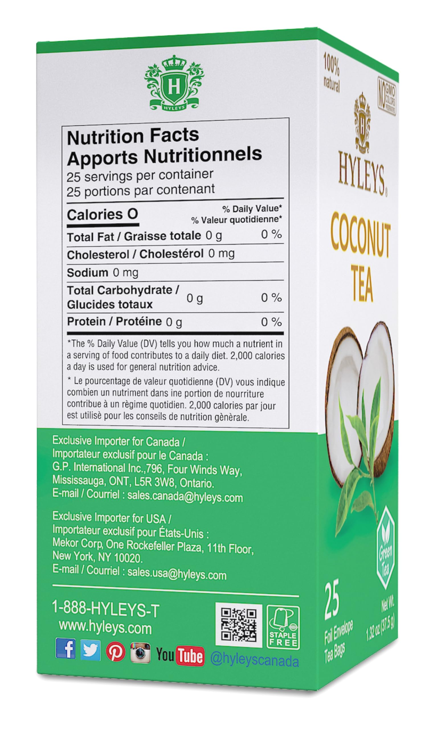 HYLEYS Natürliche Wellness-Kokosnuss mit grünem Tee, 25 Teebeutel (100 % natürlich, gentechnikfrei, glutenfrei, milchfrei, zuckerfrei), 12 Stück