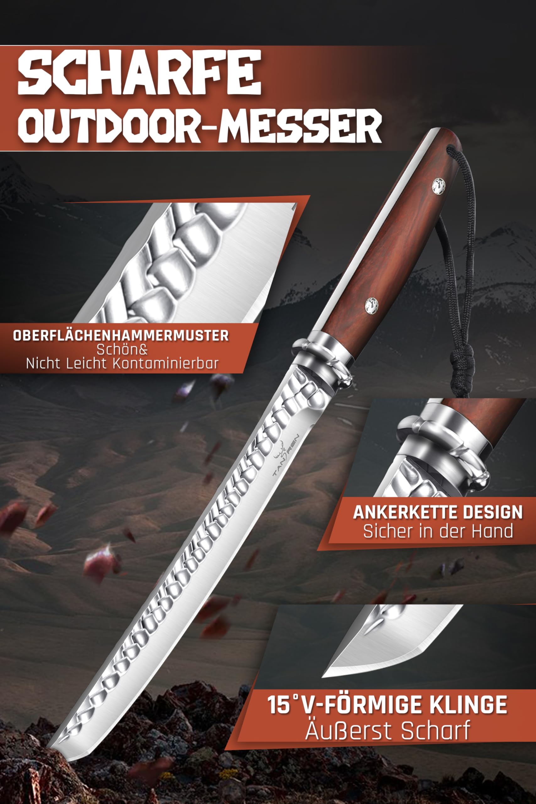 TAN REN Nóż survivalowy 21 cm Full Tang, nóż myśliwski ze skórzaną pochwą, ostry nóż myśliwski ze stałym ostrzem, nóż survivalowy D2 do użytku na zewnątrz