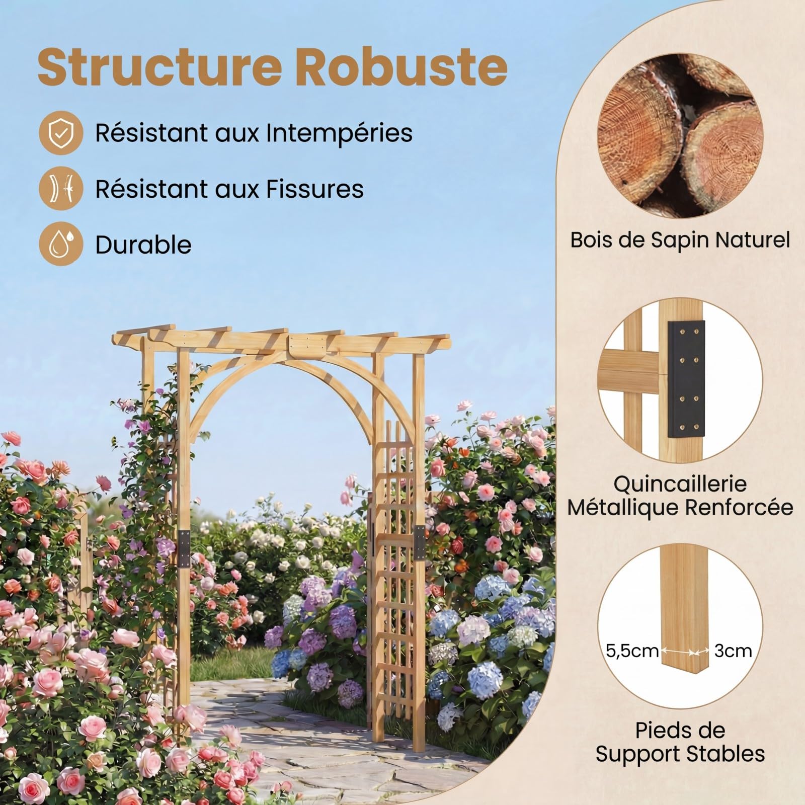 GYMAX Arche de Jardin en Bois Massif pour Plantes ou Fleurs Grimpantes, Arche en Treillis à Rosiers Lumières pour Décoration Extérieure de Fête Mariage, 134 x 213cm